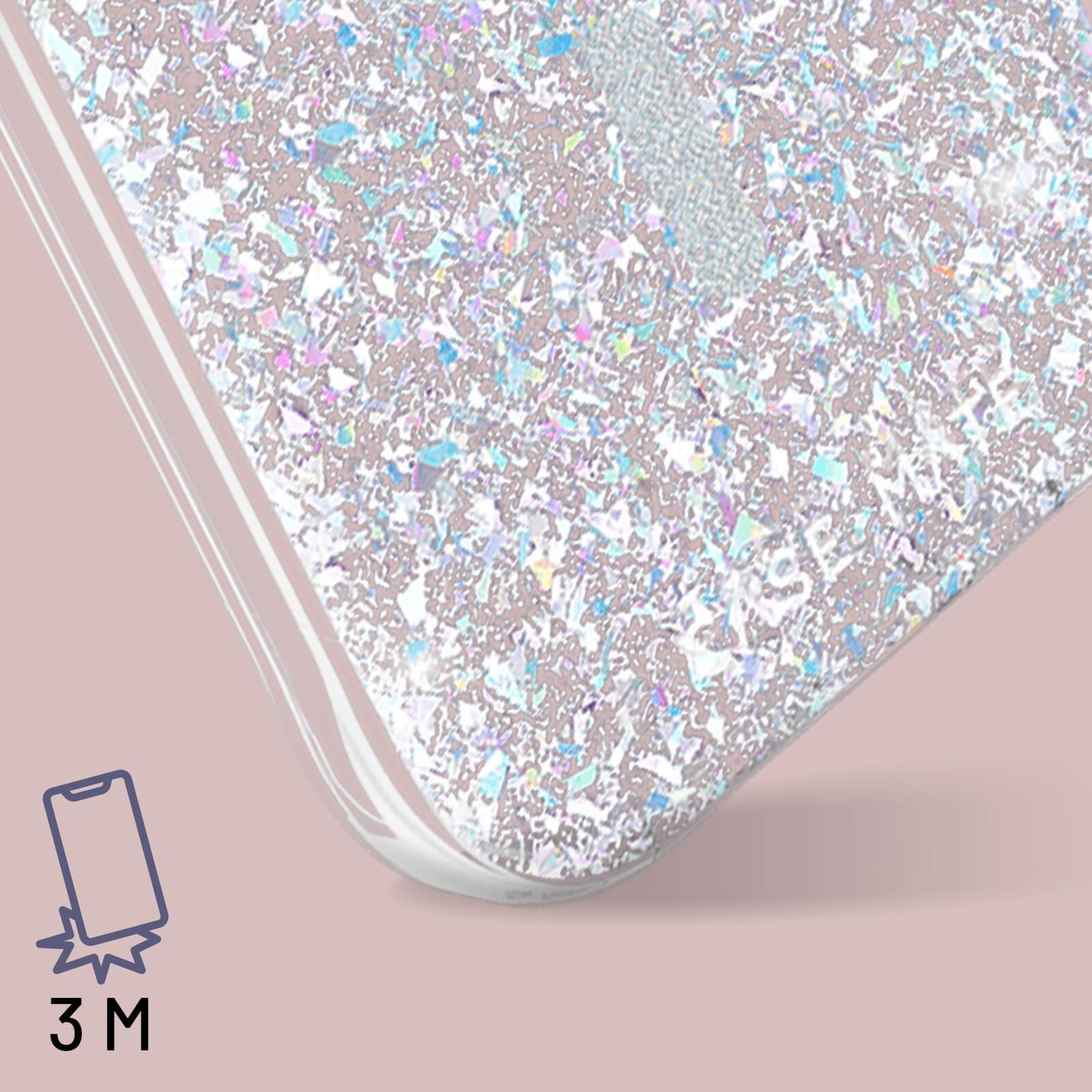 Nahaufnahme einer Handyhülle mit glitzerndem, irisierendem Material, mit einem Sturzschutzsymbol.