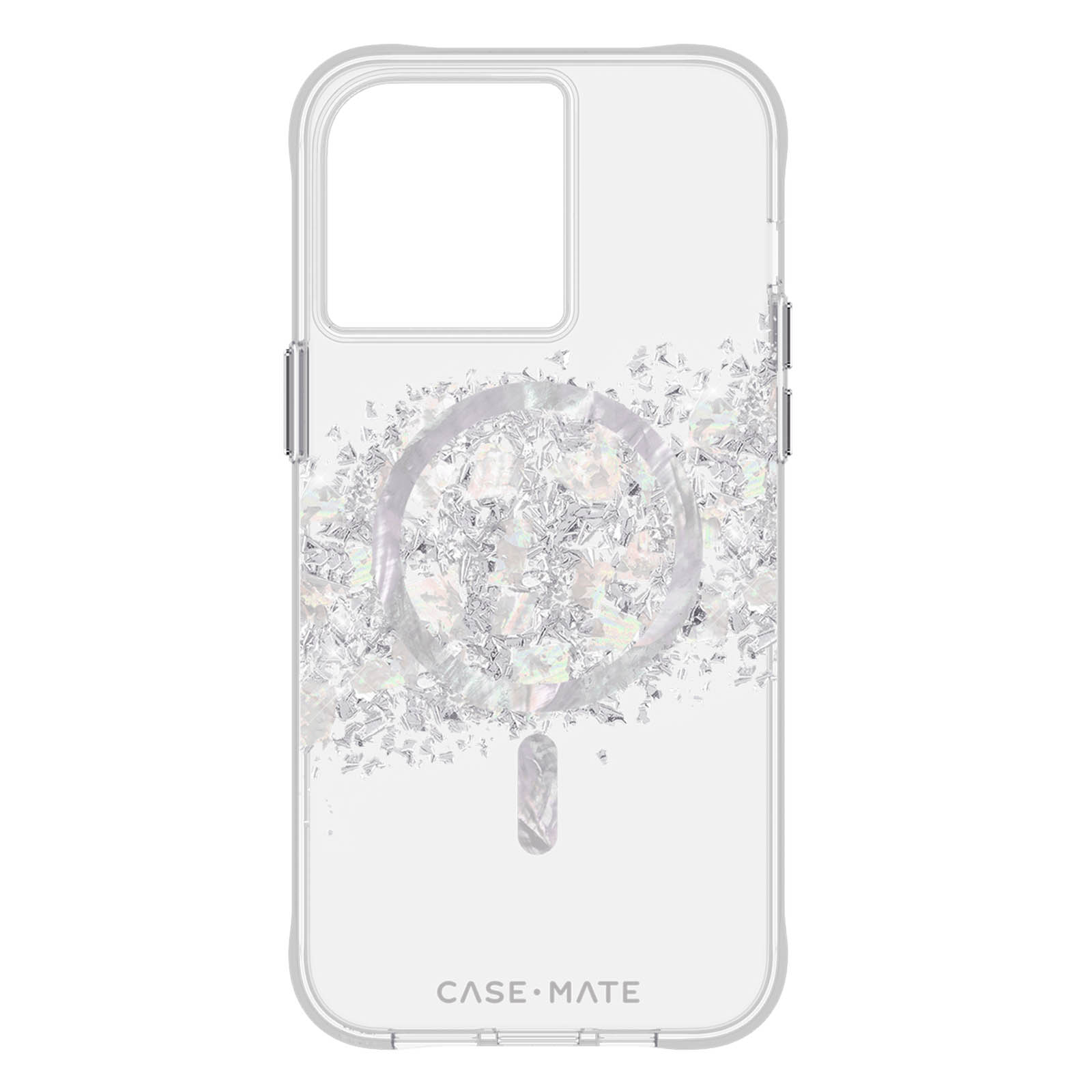Transparente Handyhülle mit MagSafe-Kreisdesign und Markennamen unten.