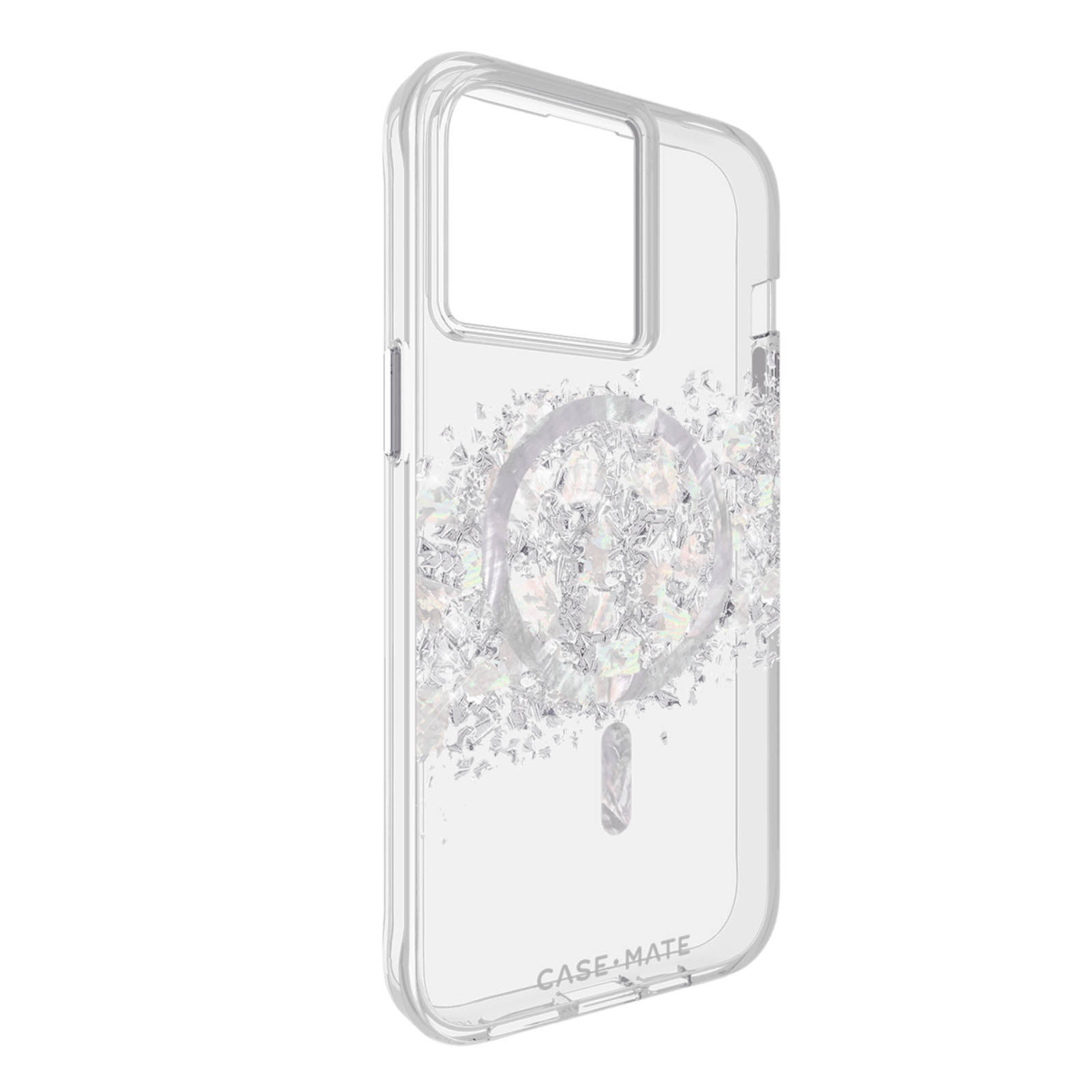 Transparente Handyhülle mit silbernem Glitzerdesign und einem Magnetring.