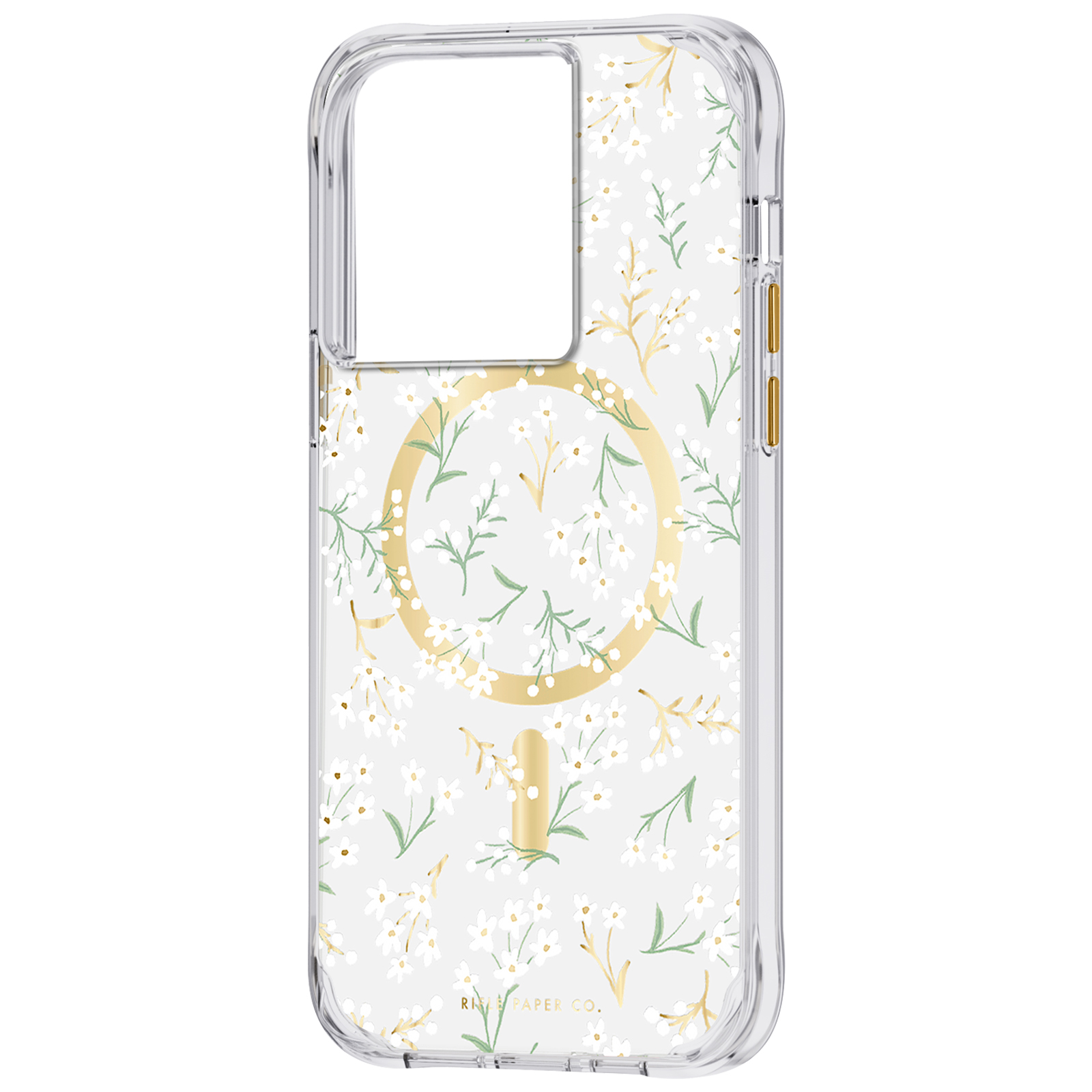 Transparente Handyhülle mit weißem Blumenmuster. Goldener Kreisentwurf für MagSafe. Klarer Rand, Knöpfe an der Seite.