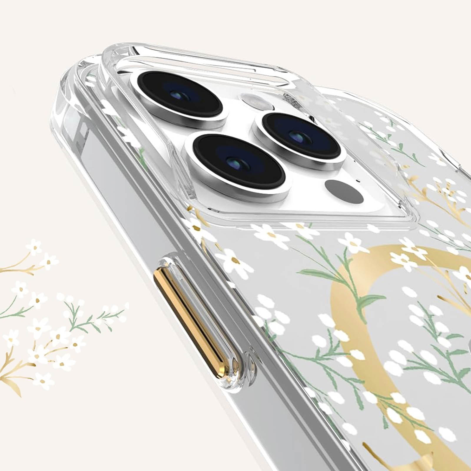 Handyhülle mit floralem Design und Kameraausschnitt. Goldakzente sind sichtbar.