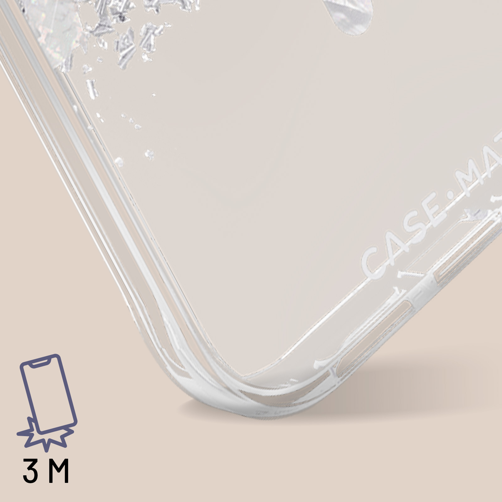 Transparente Handyhülle mit silbernem Glitzer, zeigt ein 3 M Fallschutzsymbol.