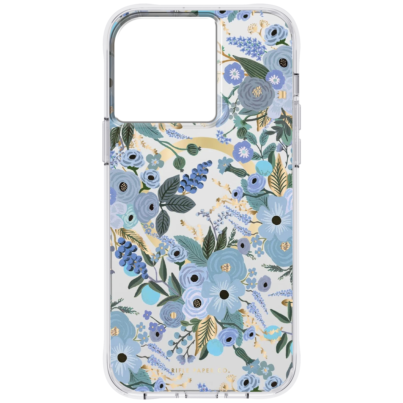 Transparente Handyhülle mit Blumendesign aus blauen und goldenen Blumen und Blättern. Die Hülle liegt auf weißem Untergrund.