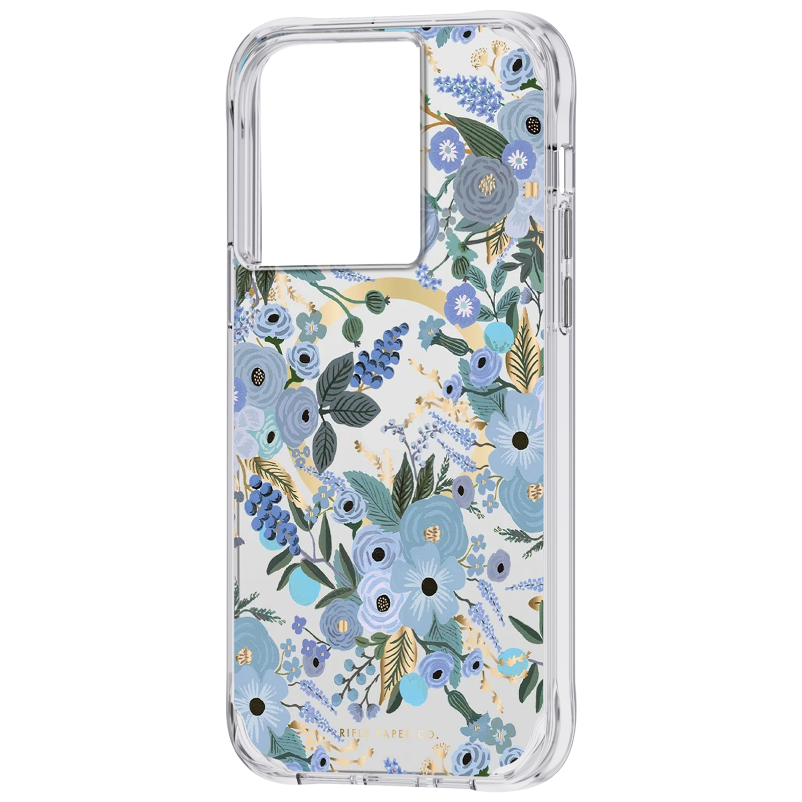 Eine durchsichtige Handyhülle mit blauem Blumenmuster. Die Hülle hat Aussparungen für Kamera und Knöpfe.