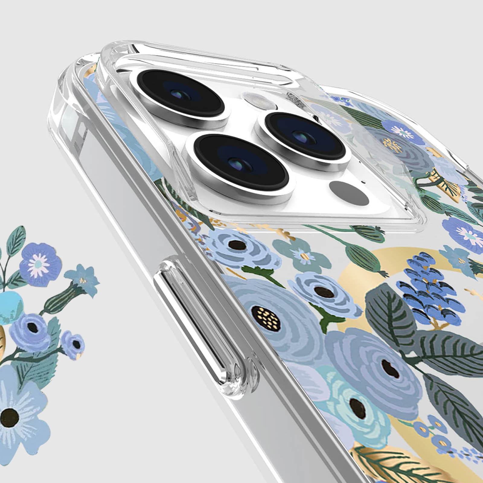 Transparente Handyhülle mit blauem Blumendesign, mit Handykamera und Knöpfen, Nahaufnahme.