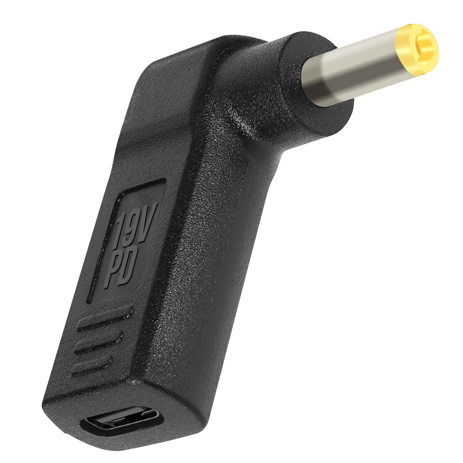 Un adattatore nero con porta USB-C e punta gialla. È angolato per la ricarica.