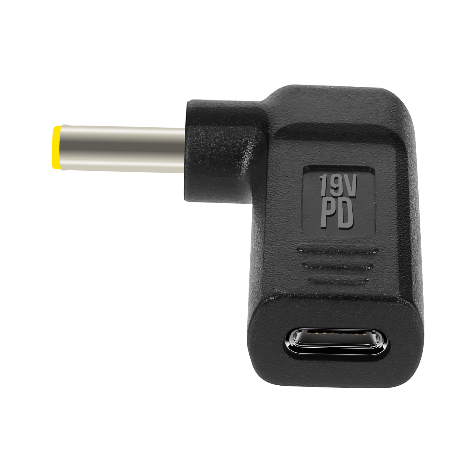 Adattatore di alimentazione USB-C nero angolato con punta gialla e scritta 19V PD. Sfondo bianco.