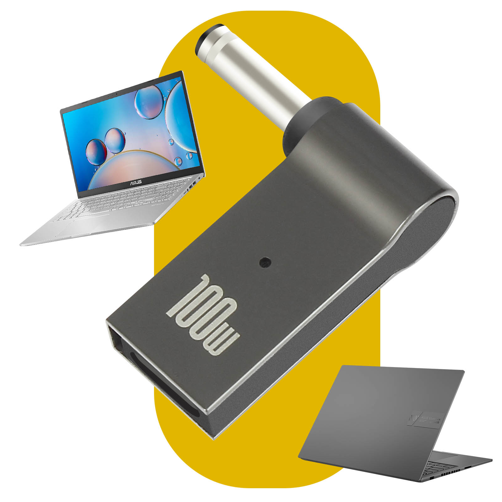 Laptop, adattatore e caricatore USB-C. Un adattatore grigio con etichetta 100w è a fuoco.