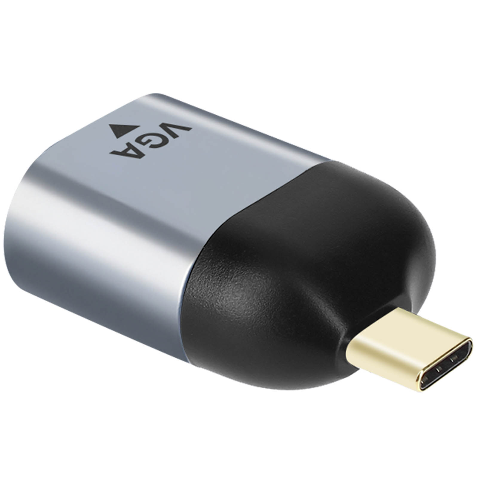 Adattatore USB-C a VGA argento e nero. Marcatura VGA sopra. Connettore USB-C dorato.