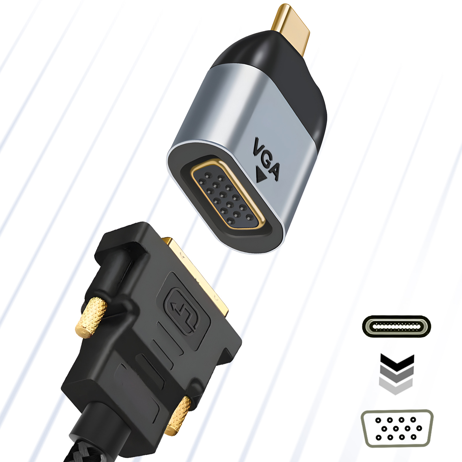 Adattatore da VGA a USB-C. Un'estremità ha il connettore VGA, l'altra è USB-C. Isolato su sfondo bianco.