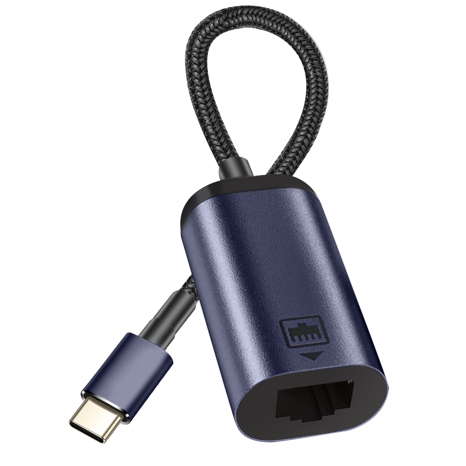 Adattatore da USB-C a Ethernet blu. Con anello cavo intrecciato nero e porta RJ45.