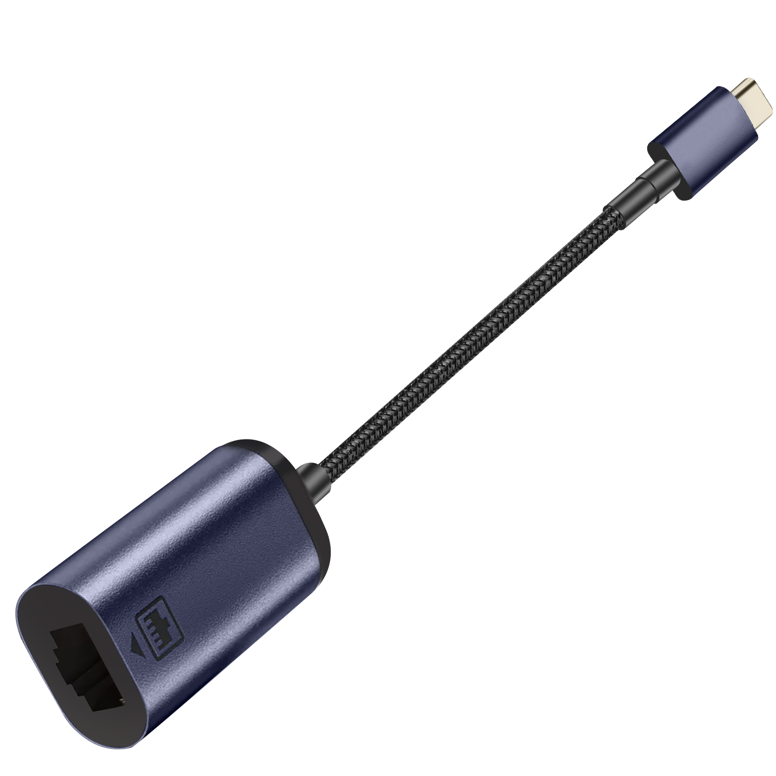 Un adattatore da USB-C a Ethernet blu. Ha un cavo nero.
