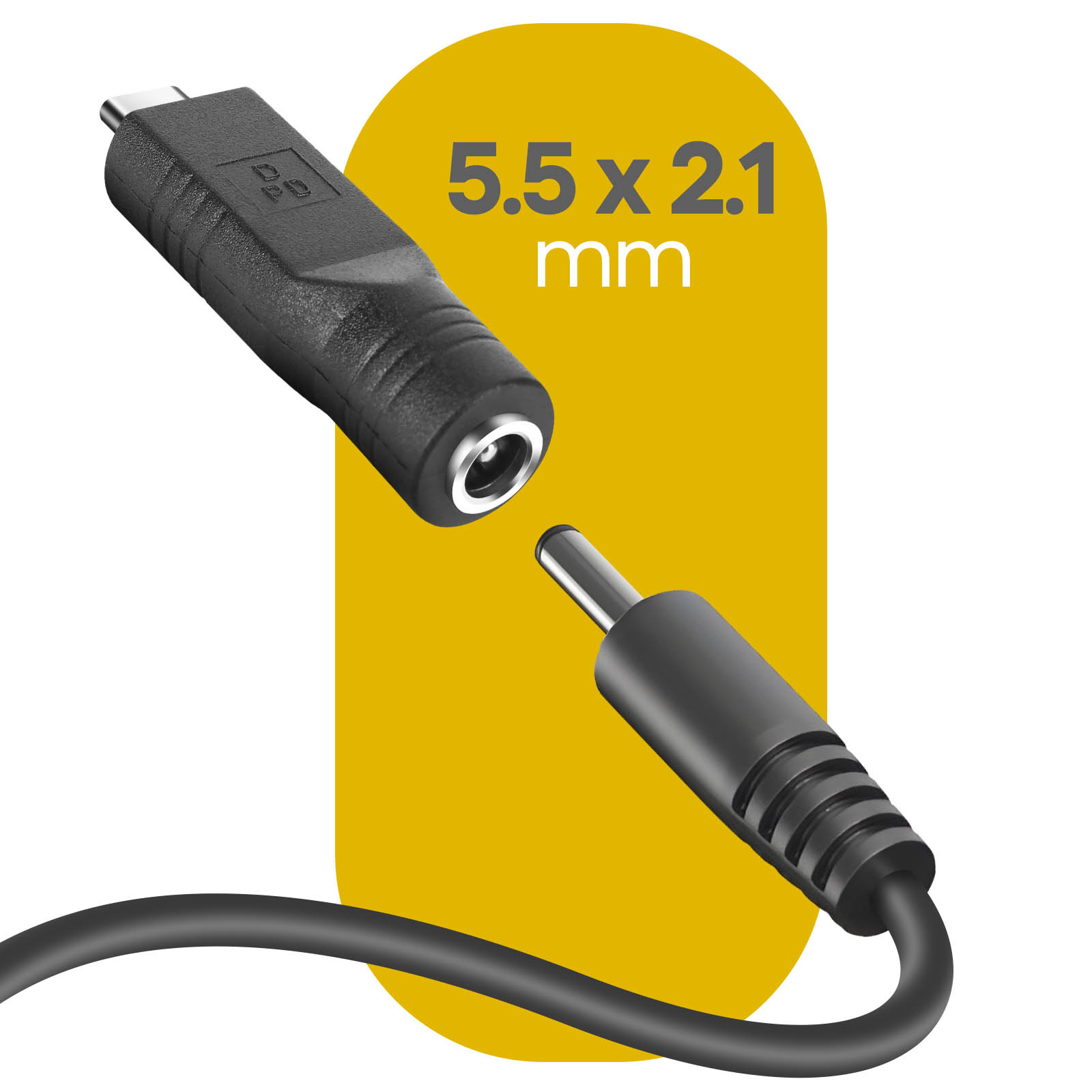 Adattatore nero con connettore da 5,5 x 2,1 mm e connettore USB-C, su sfondo giallo.