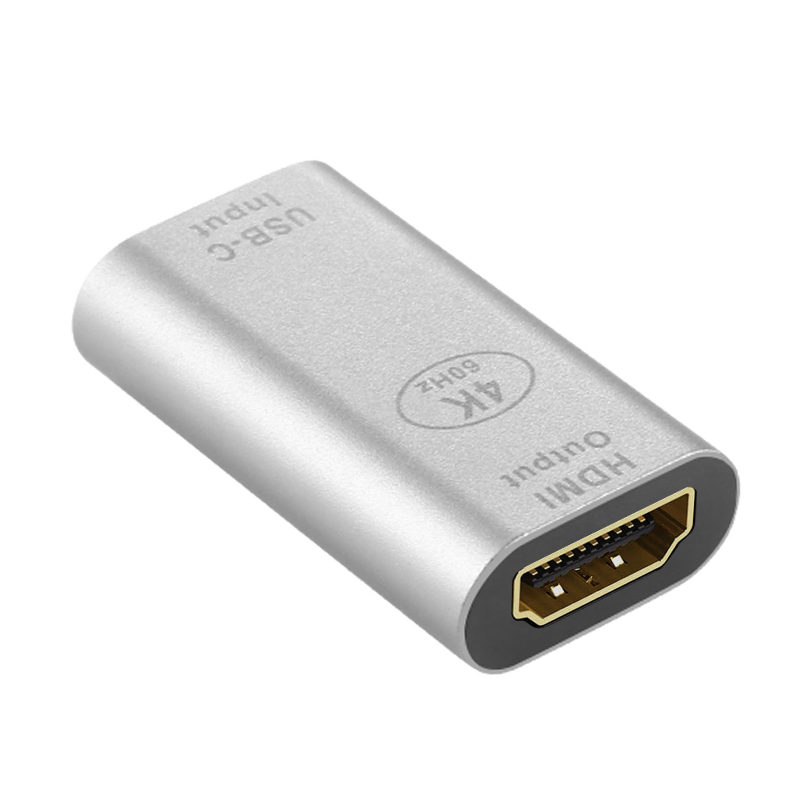 Adattatore da USB-C a HDMI argentato. C'è scritto "4K", "HDMI Output" e "USB-C Input".