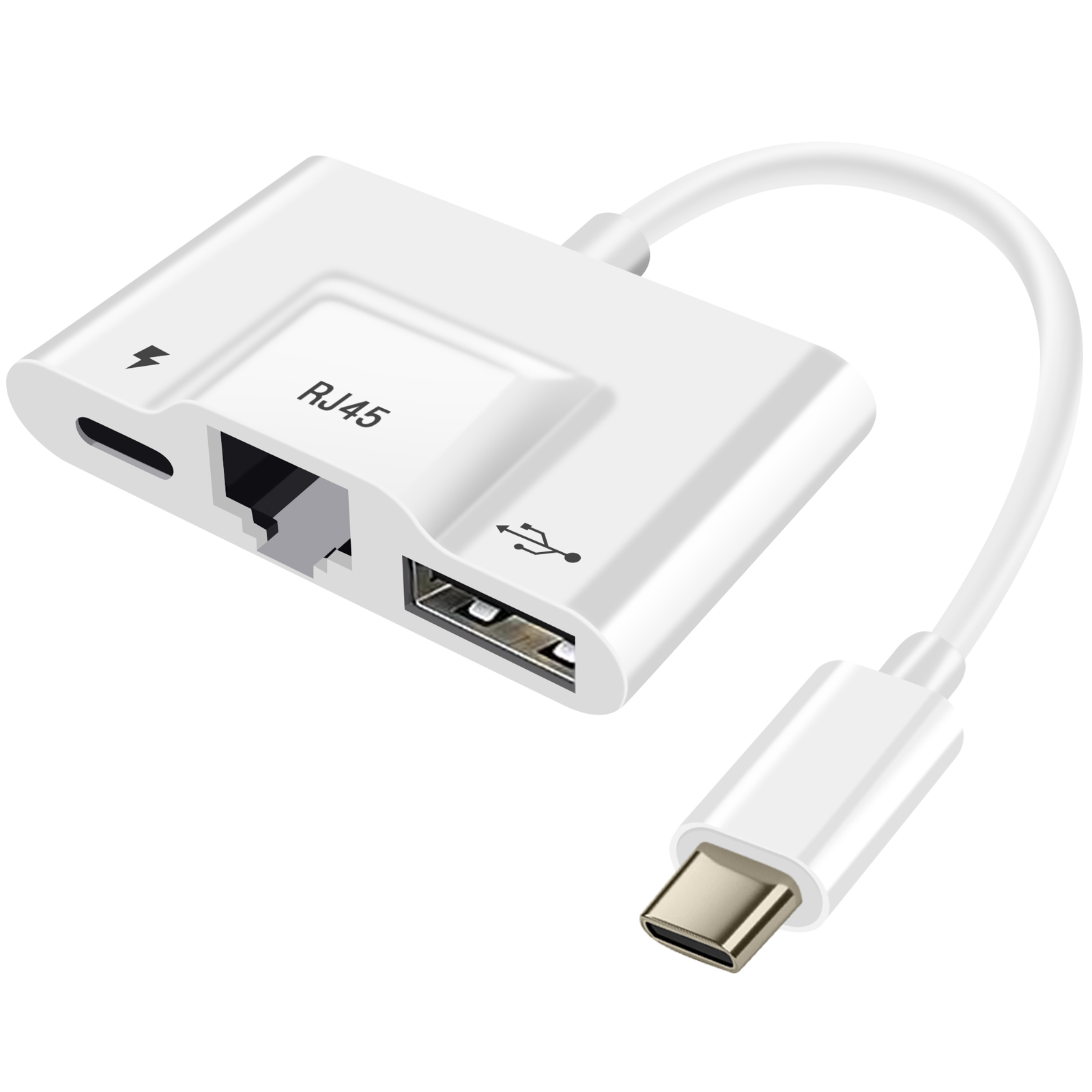 Hub USB-C bianco con porte RJ45 e USB. Un cavo bianco è collegato a un connettore USB-C.
