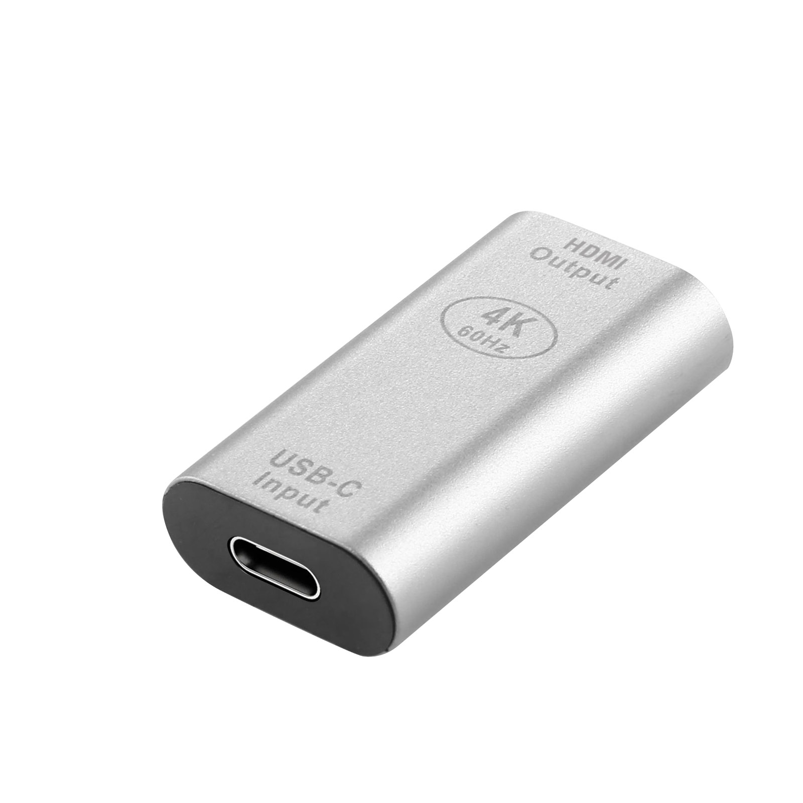 Adattatore USB-C a HDMI argento, con etichette di ingresso USB-C e uscita HDMI.