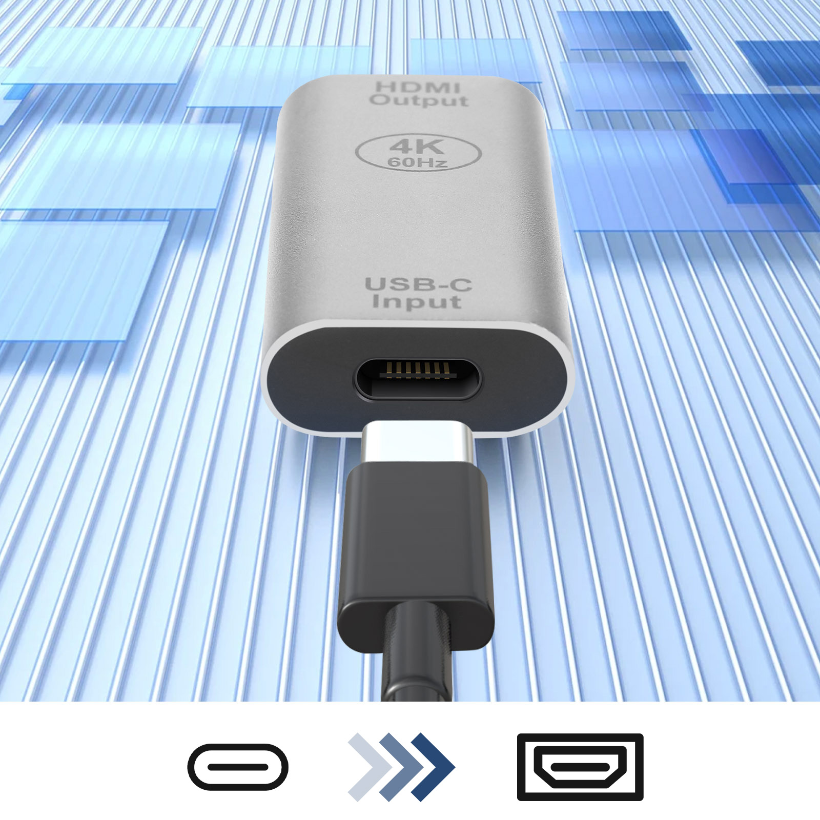 Adattatore USB-C a HDMI argentato con cavo USB-C collegato. Sfondo blu con forme.