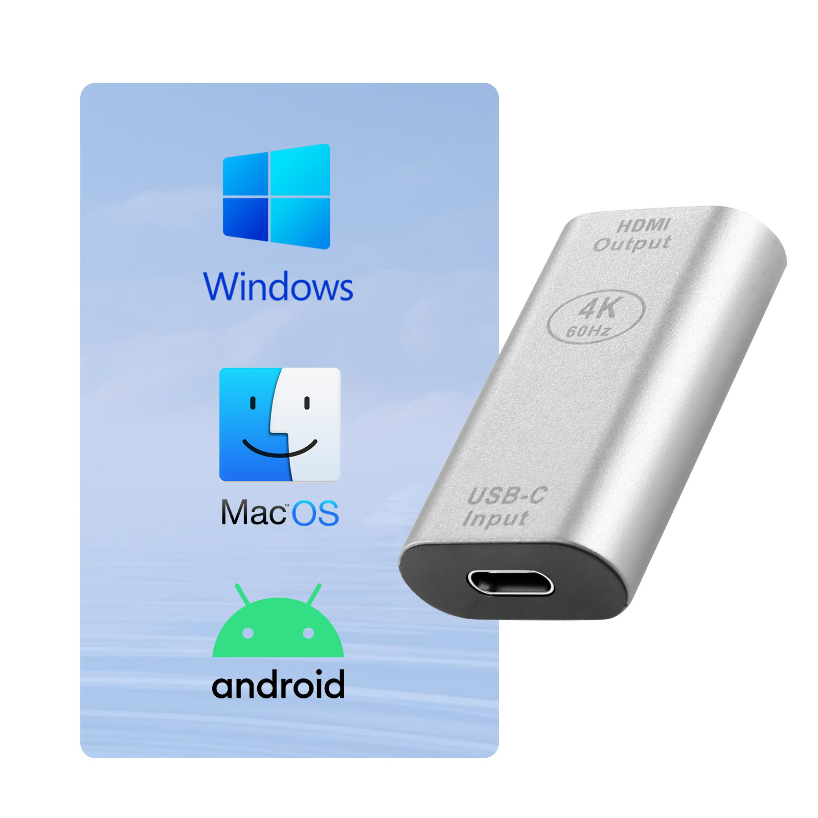 Adattatore USB-C argento, con loghi Windows, macOS e Android. Etichetta con HDMI Output e USB-C Input.