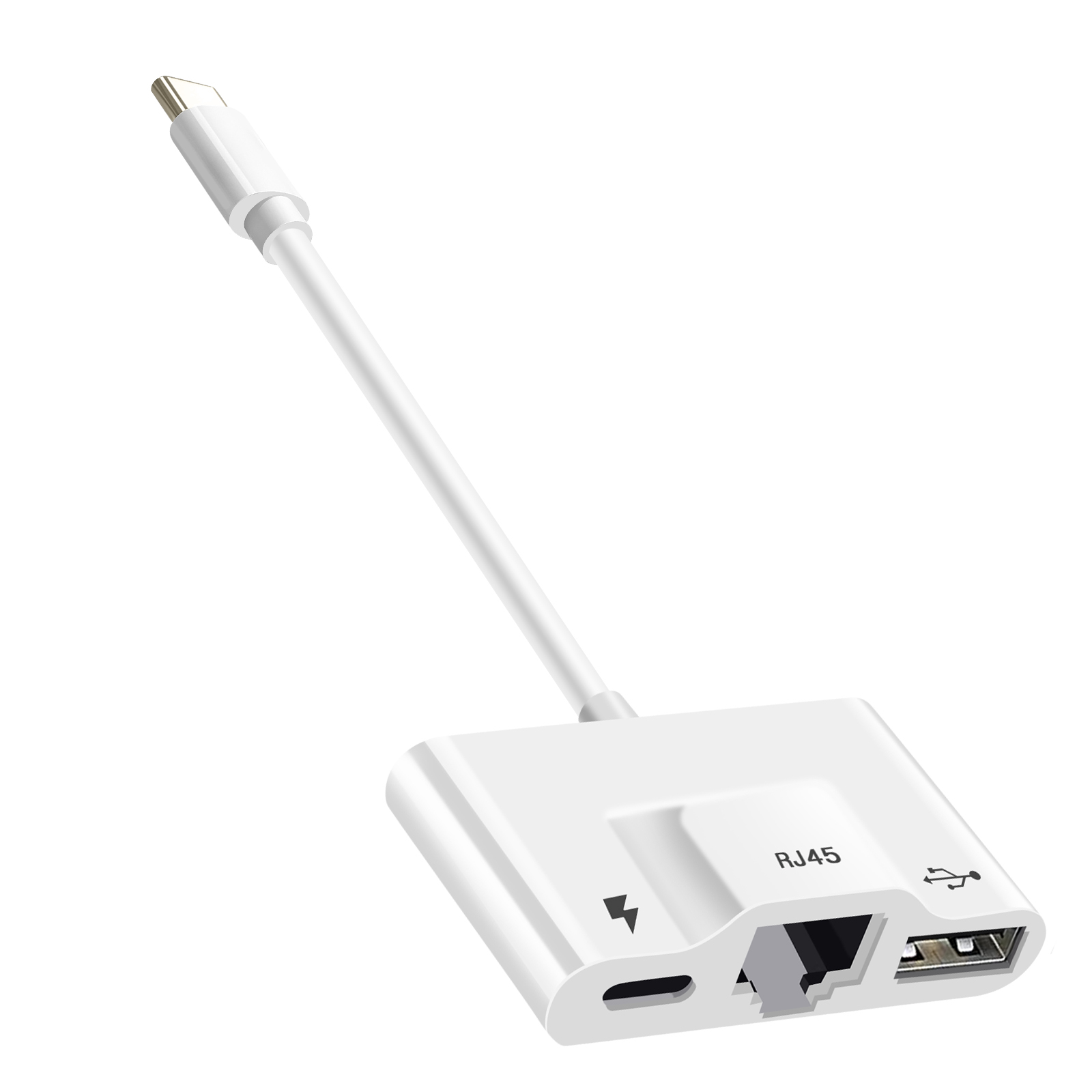 Adattatore bianco con porte RJ45, USB e USB-C collegato a un cavo bianco.