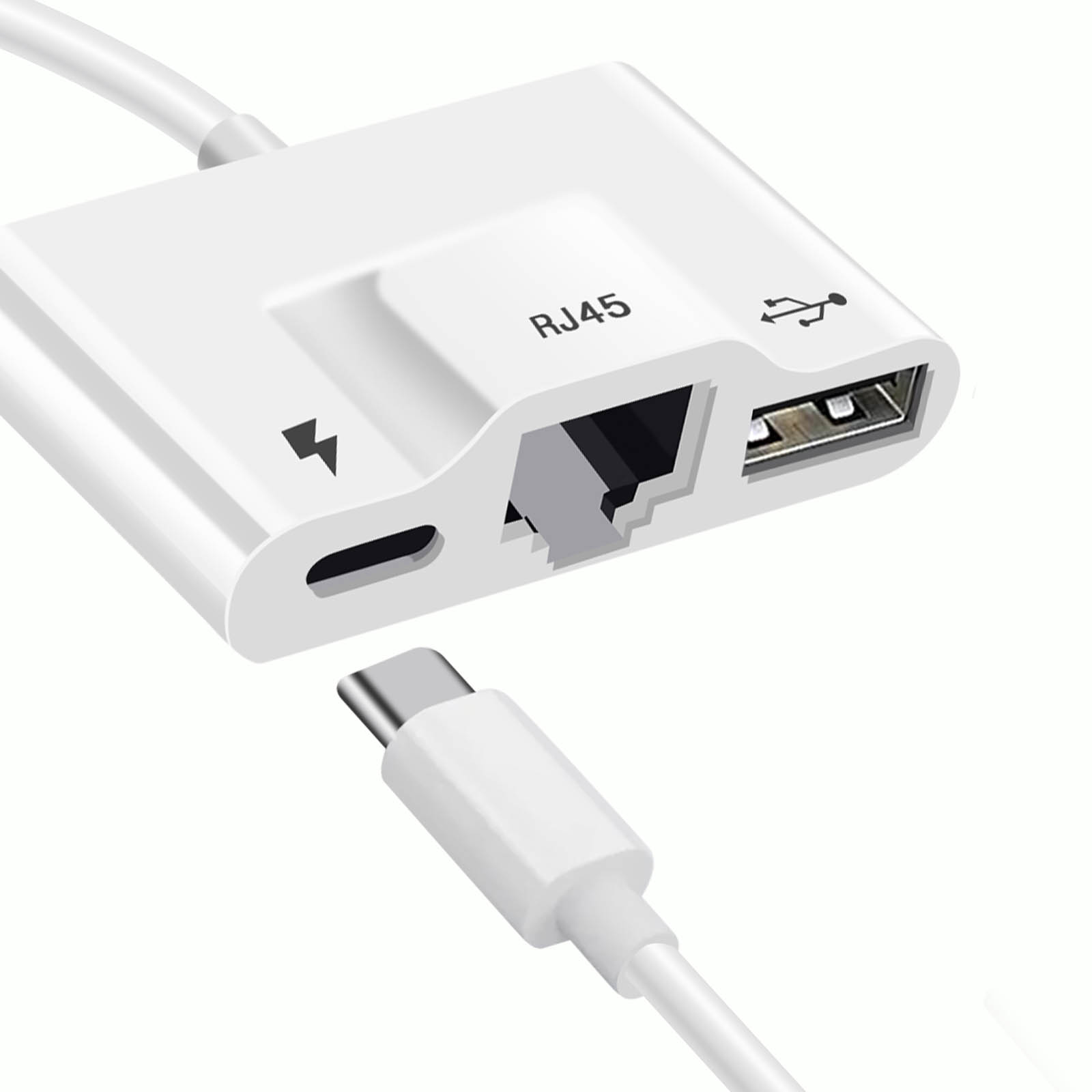 Adattatore bianco con porte RJ45 e USB, collegato a un cavo USB-C, su sfondo bianco.