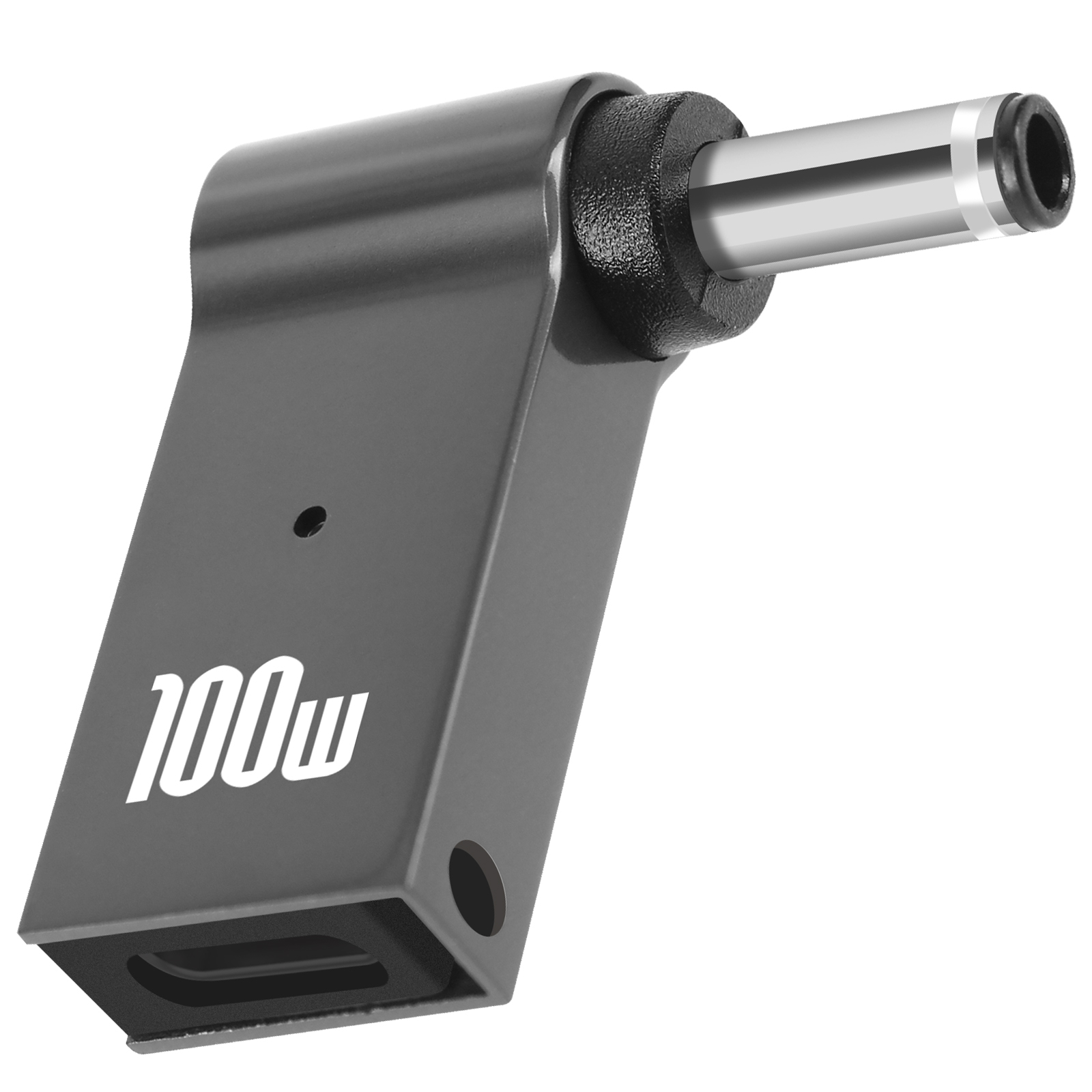 Adattatore per caricabatterie da 100 W nero e grigio. Design angolato con spina rotonda.