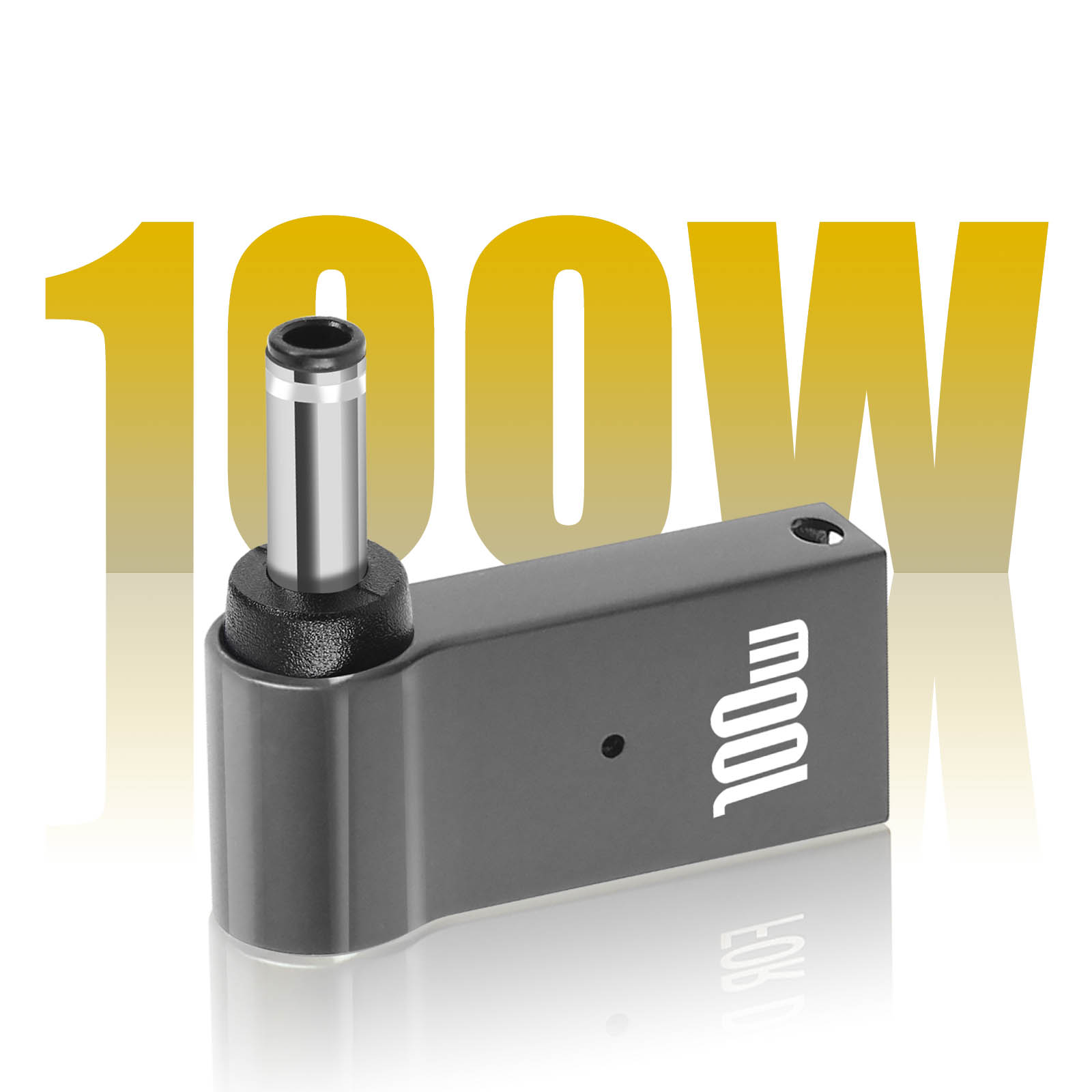 Viene mostrato un adattatore di alimentazione grigio da 100W. Il testo '100W' è visualizzato in giallo sullo sfondo.