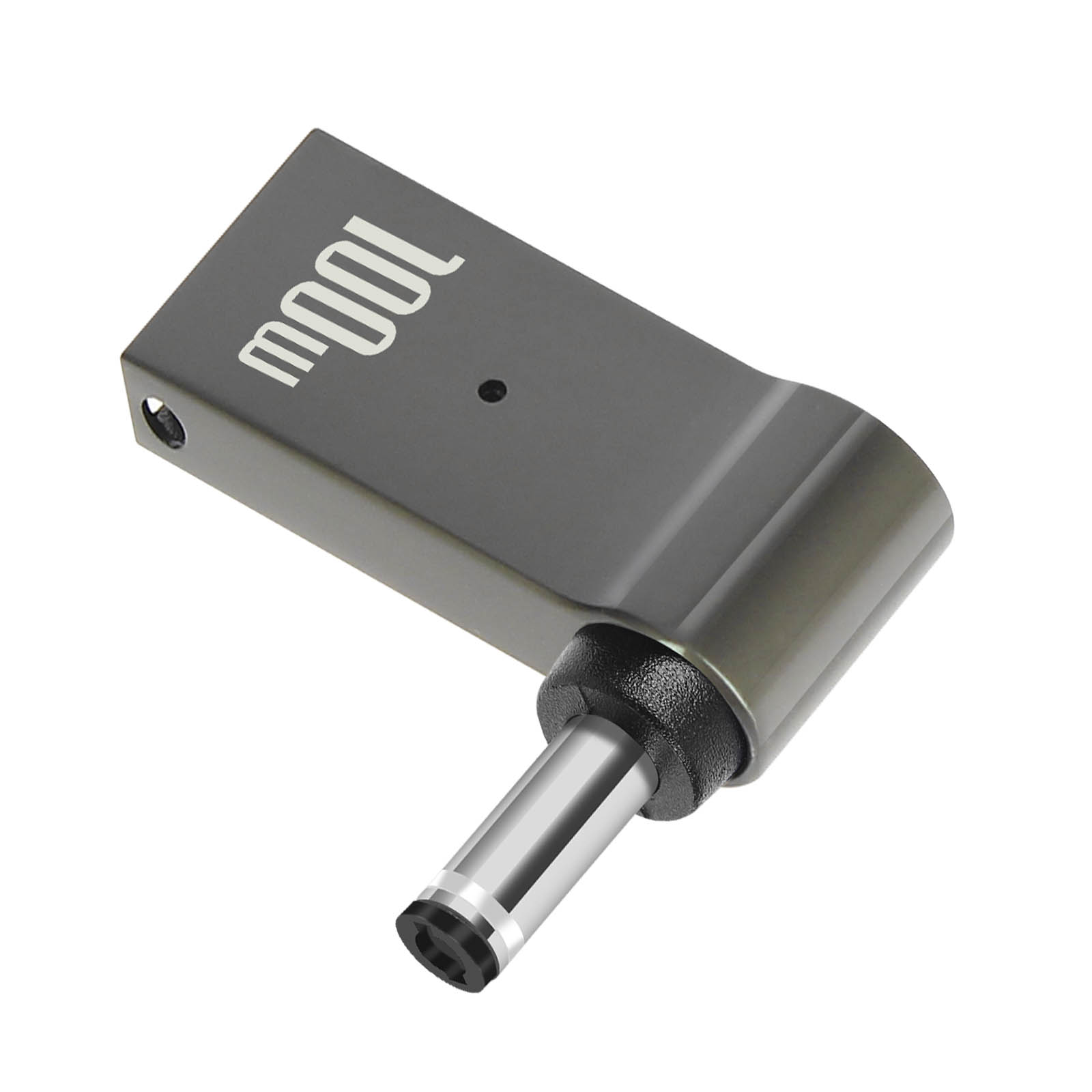Adattatore grigio scuro da 100 W con connettore CC ad angolo retto. Sfondo bianco.