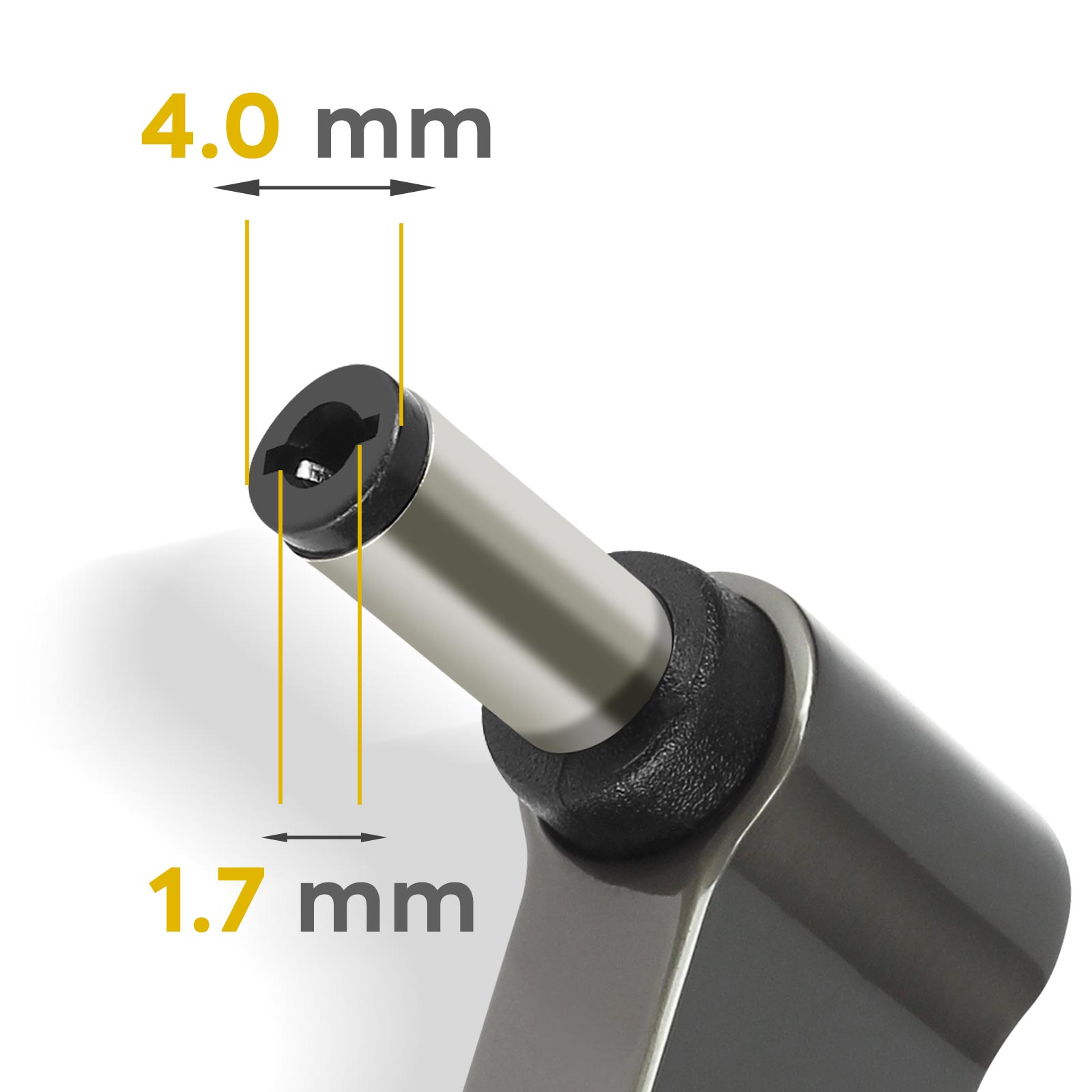 Primo piano di un connettore dell'adattatore di alimentazione. Le dimensioni sono 4,0 mm e 1,7 mm. Colori nero e metallico.
