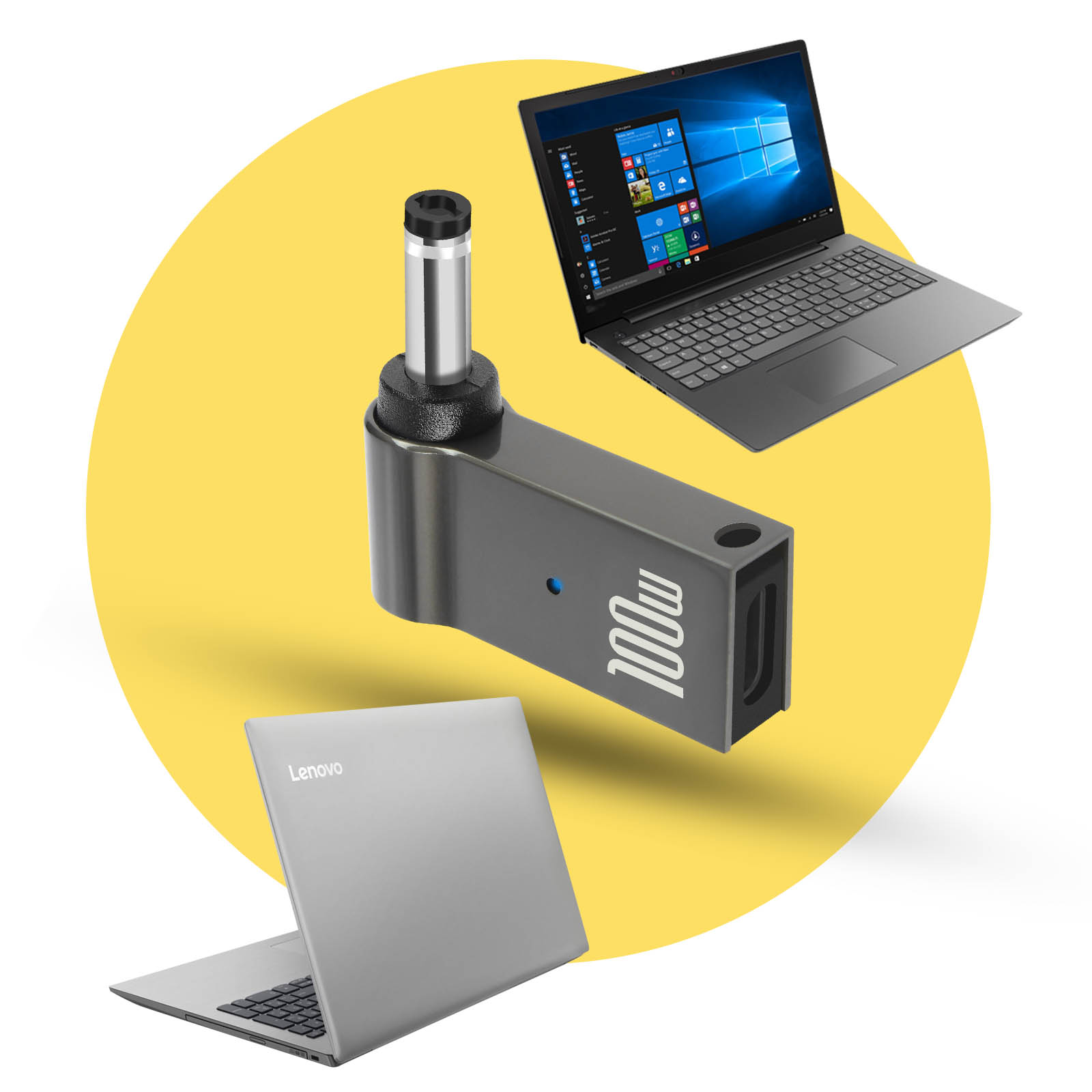 Laptop e un adattatore. Un laptop aperto con sfondo giallo. Adattatore al centro.