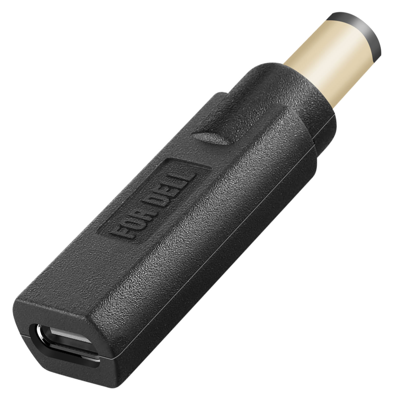 Adattatore di alimentazione Dell nero con porta USB all'estremità e connettore a barilotto color oro.