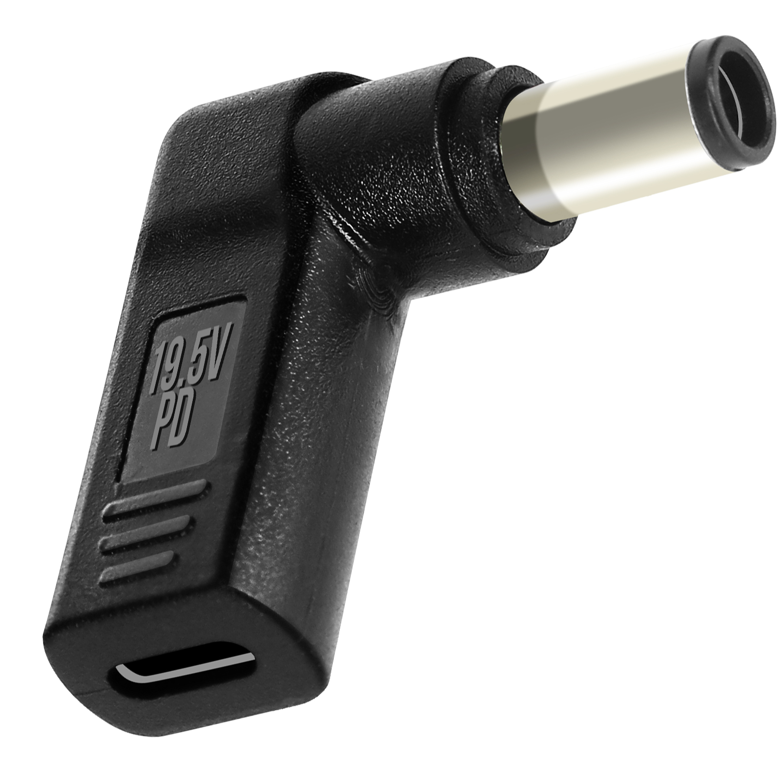 Adattatore di alimentazione PD nero da 19,5 V con USB-C e spina DC.