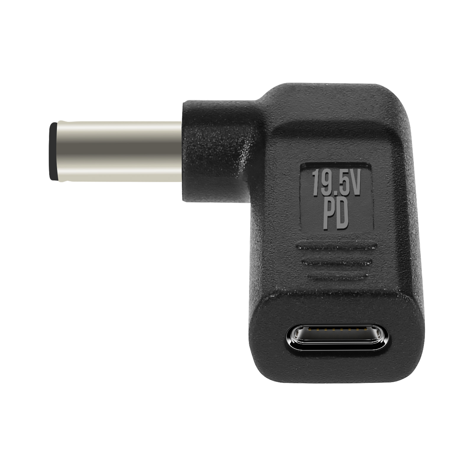 Adattatore USB-C nero a 90 gradi per laptop. Ha un marchio 19.5V PD.