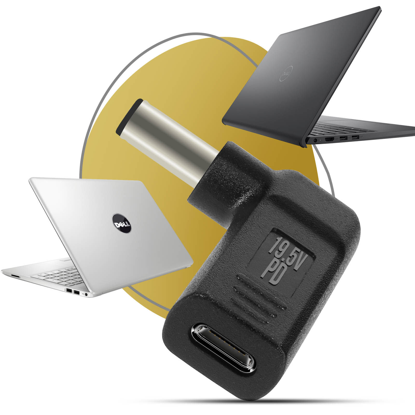 Adattatore di alimentazione USB-C nero accanto a tre laptop Dell su sfondo bianco con cerchio dorato.