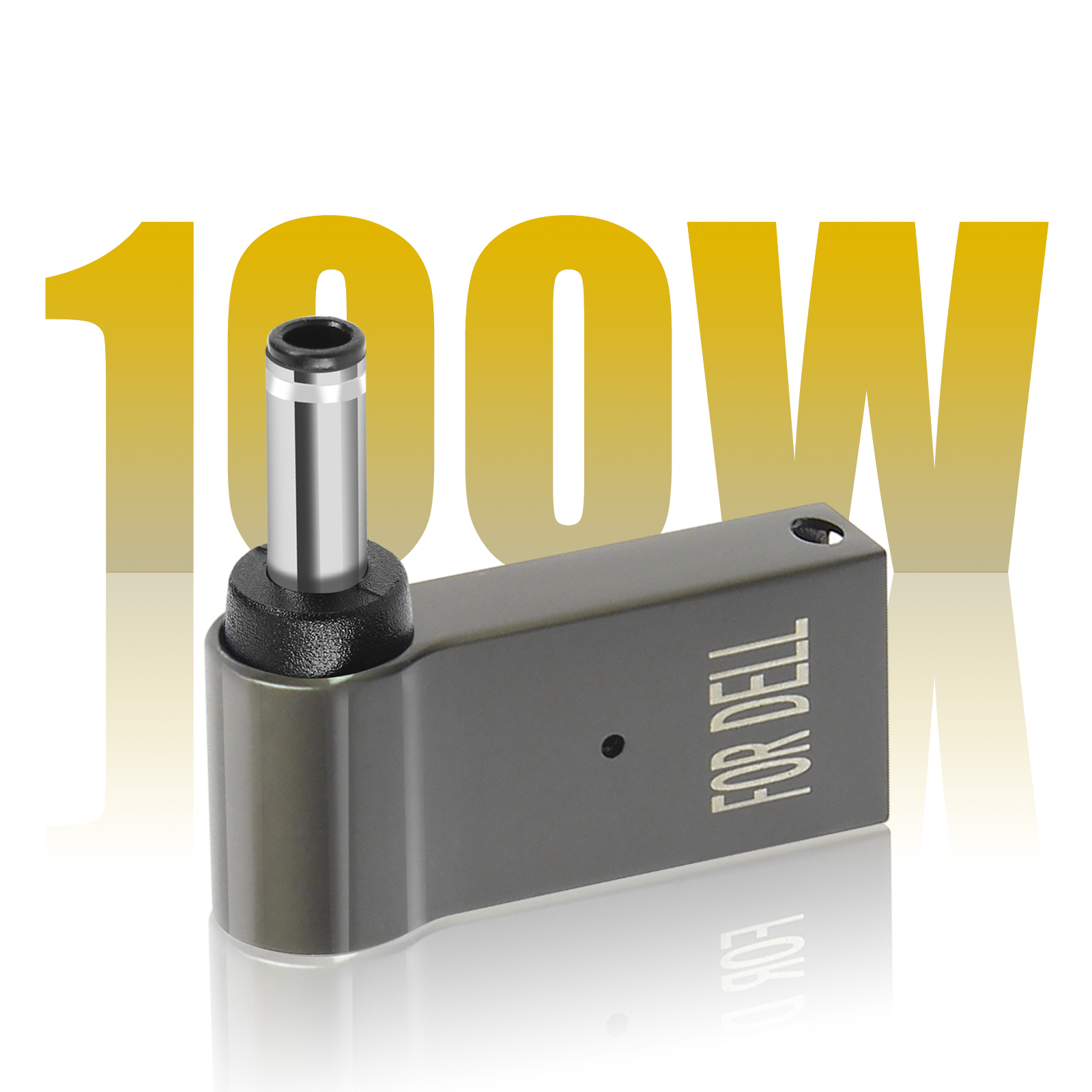 Adattatore di alimentazione con testo '100W' in giallo e 'FOR DELL' sul lato. Sfondo bianco.