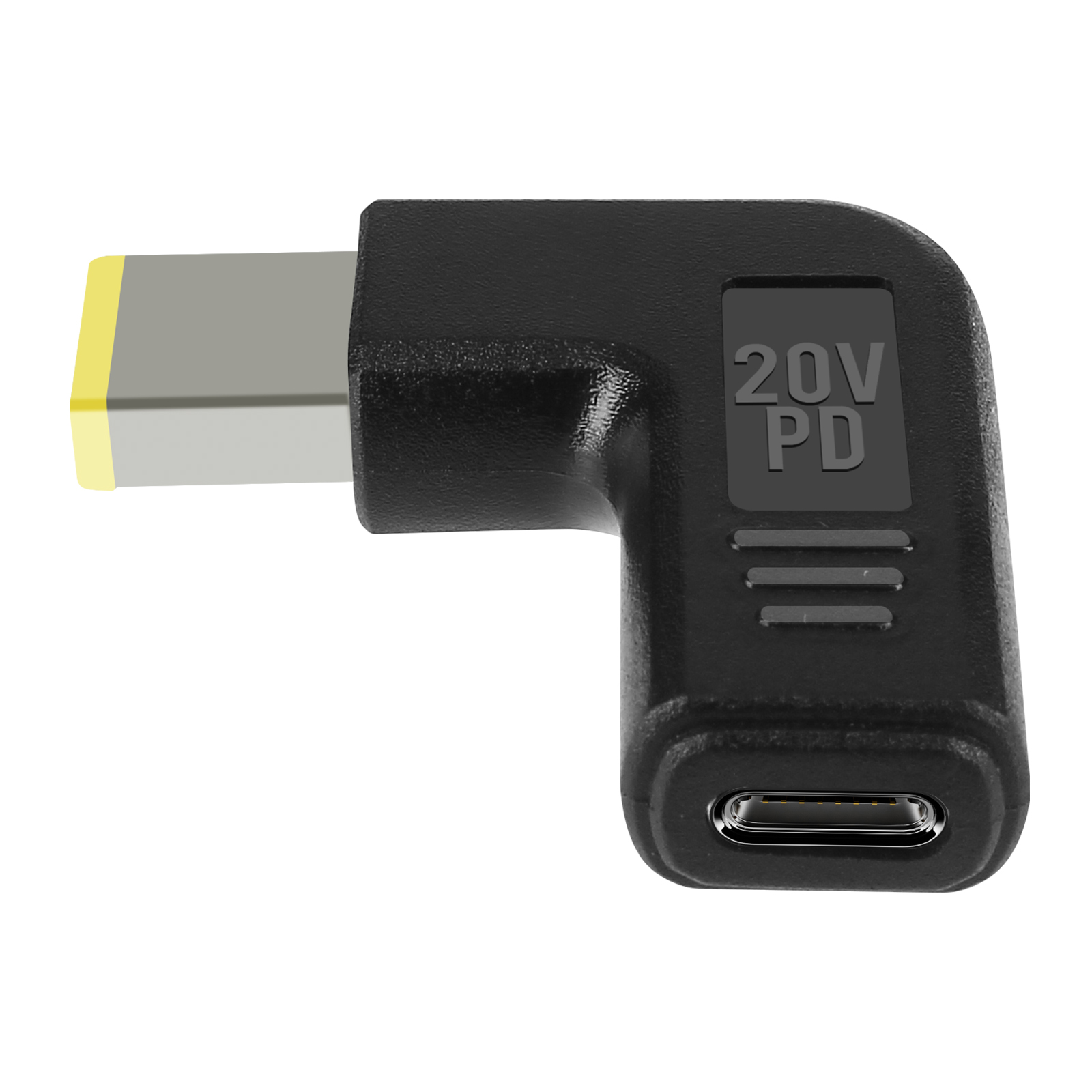 Adattatore nero con porta USB-C e connettore con punta gialla. L'adattatore ha stampato 20V PD.
