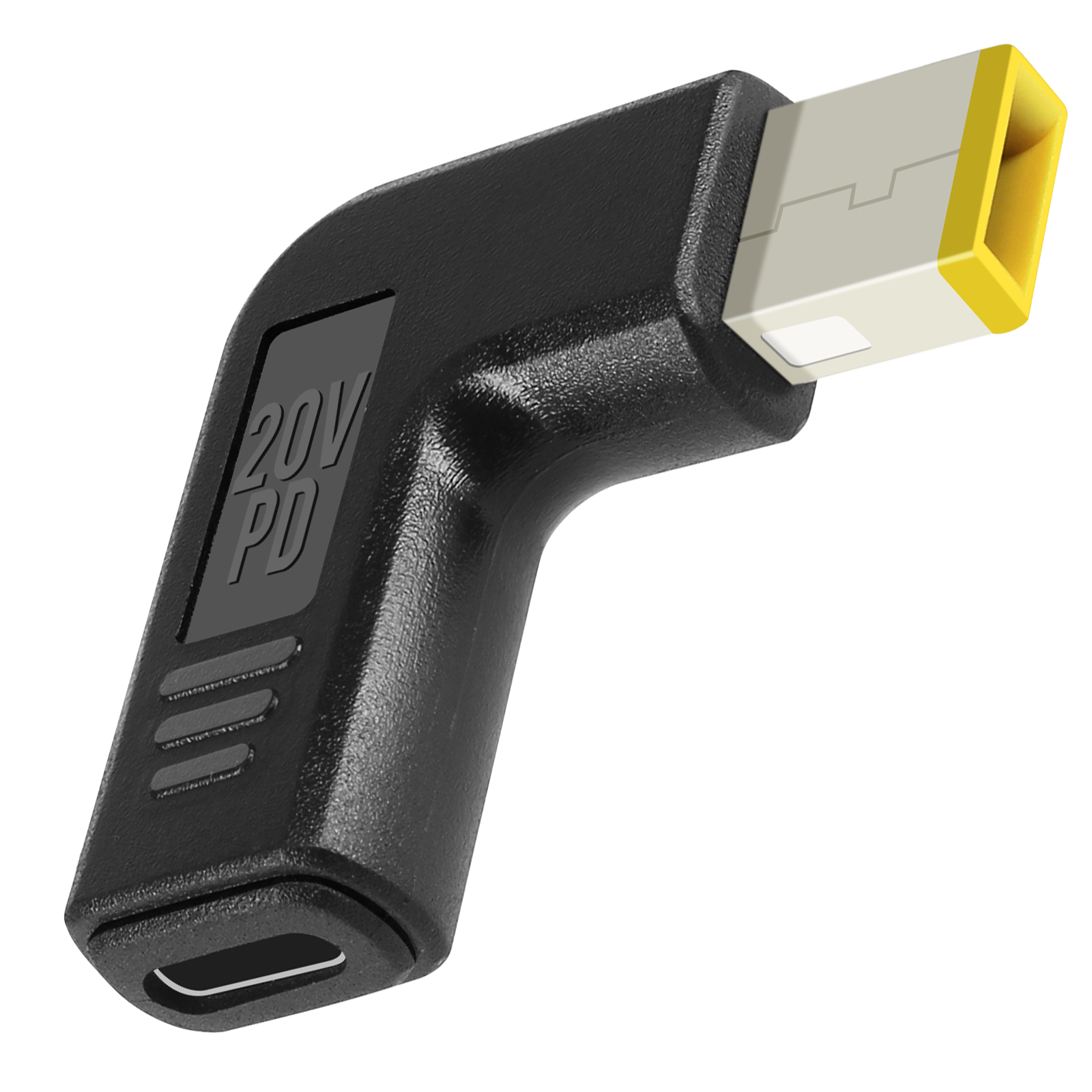 Un adattatore di alimentazione angolato bianco e nero con punta gialla, etichettato 20V PD.
