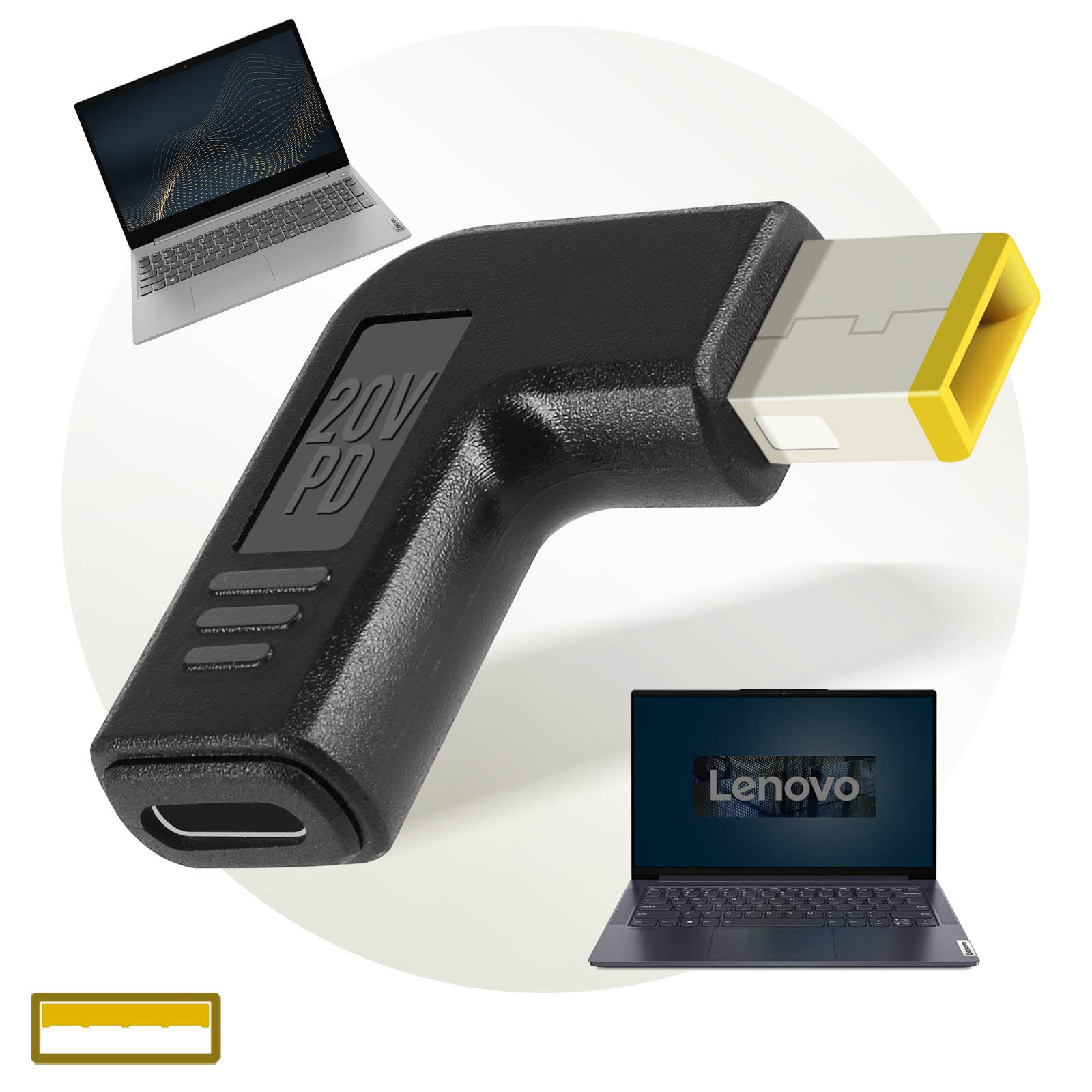 Adattatore nero angolato. Due laptop ai lati e un pannello giallo in basso. Adattatore nero con punta gialla.