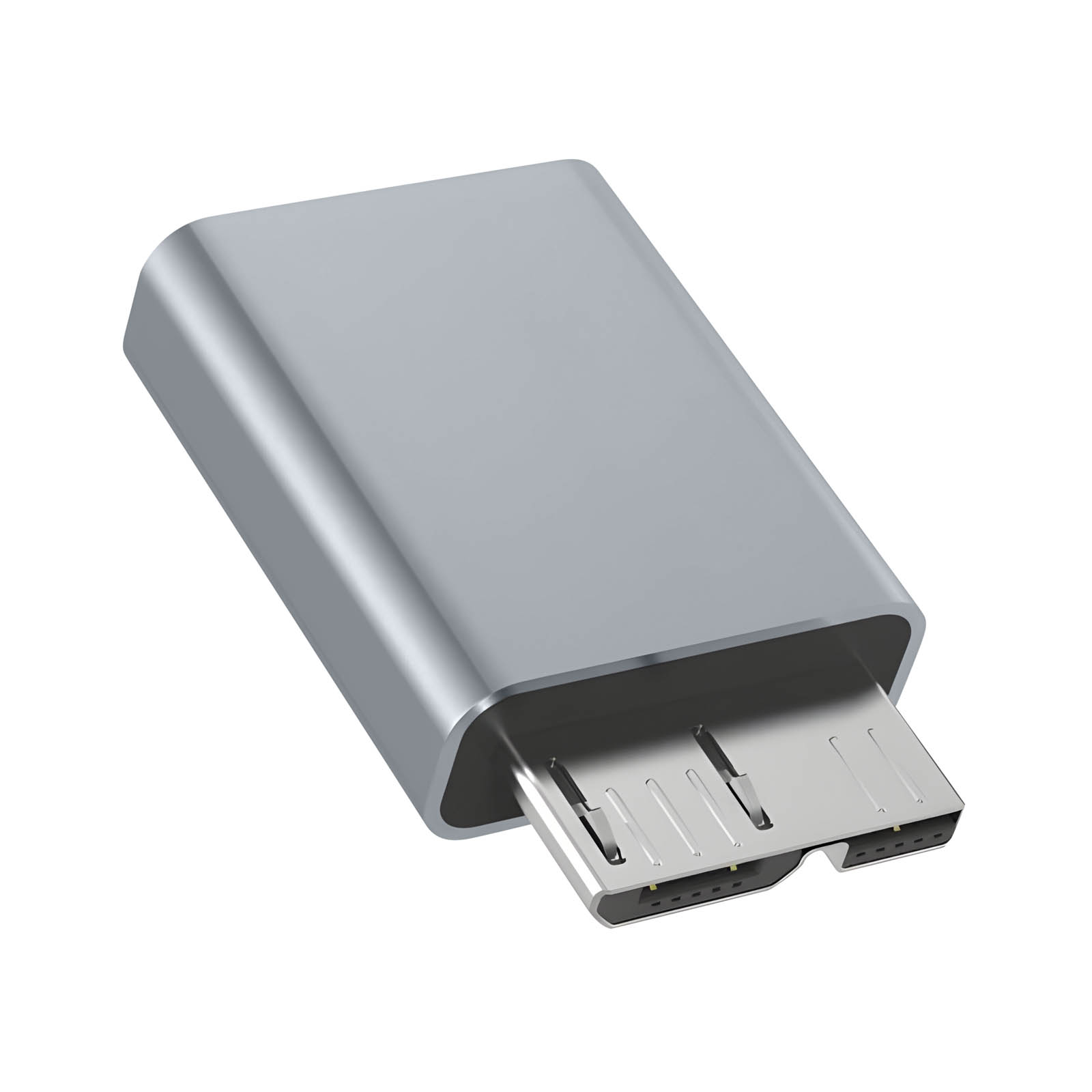 Connettore USB-C argentato, vista angolata. Il connettore è angolato e argentato. Sfondo bianco.