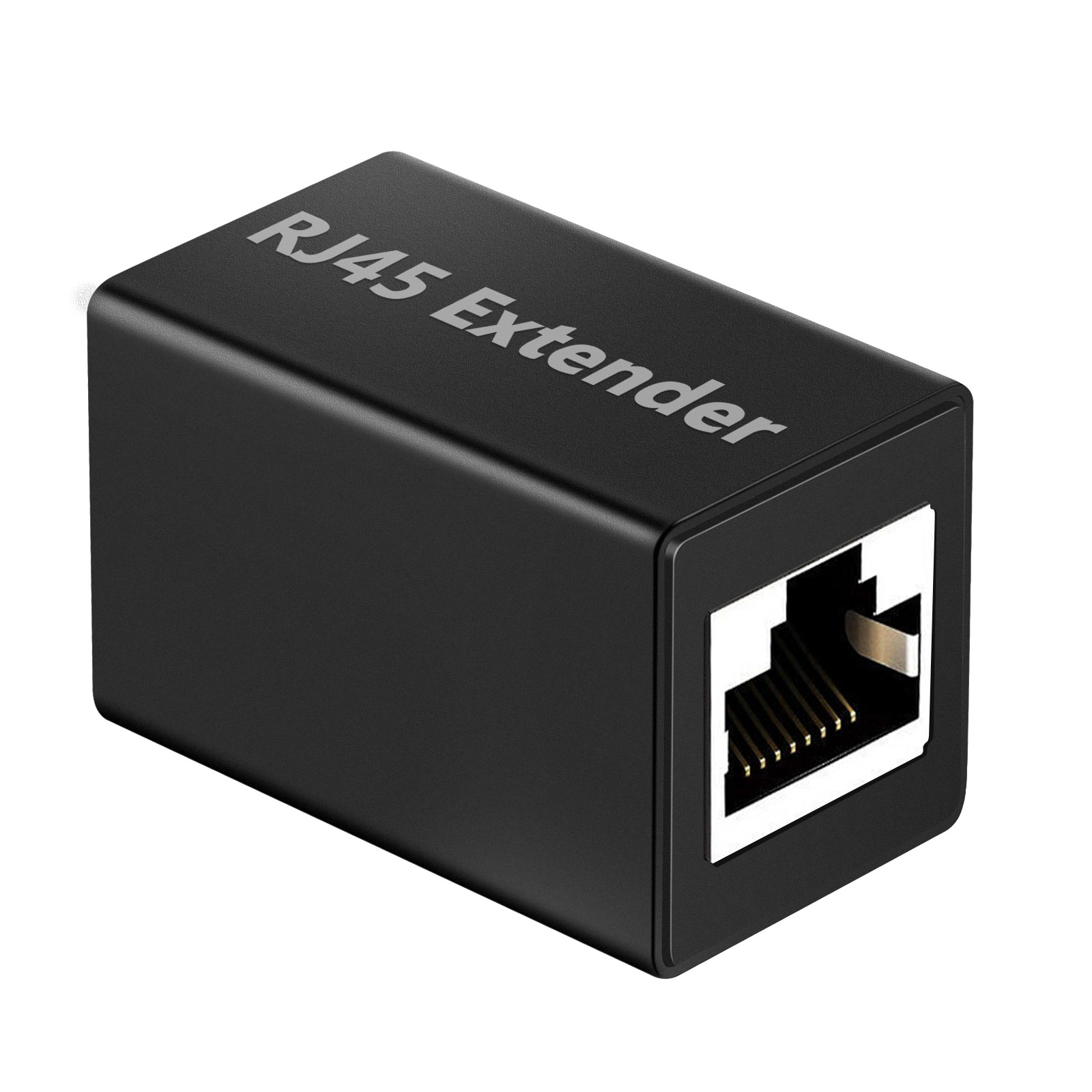 Ein schwarzer RJ45-Extender vor weißem Hintergrund, mit RJ45-Anschlüssen.