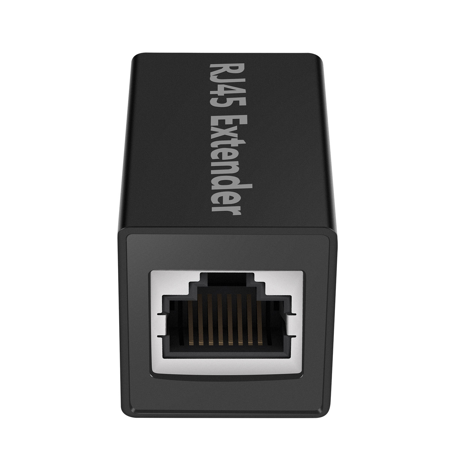 Schwarzer RJ45 Extender mit einem Ethernet-Anschluss. Der Text 'RJ45 Extender' in weißen Buchstaben.