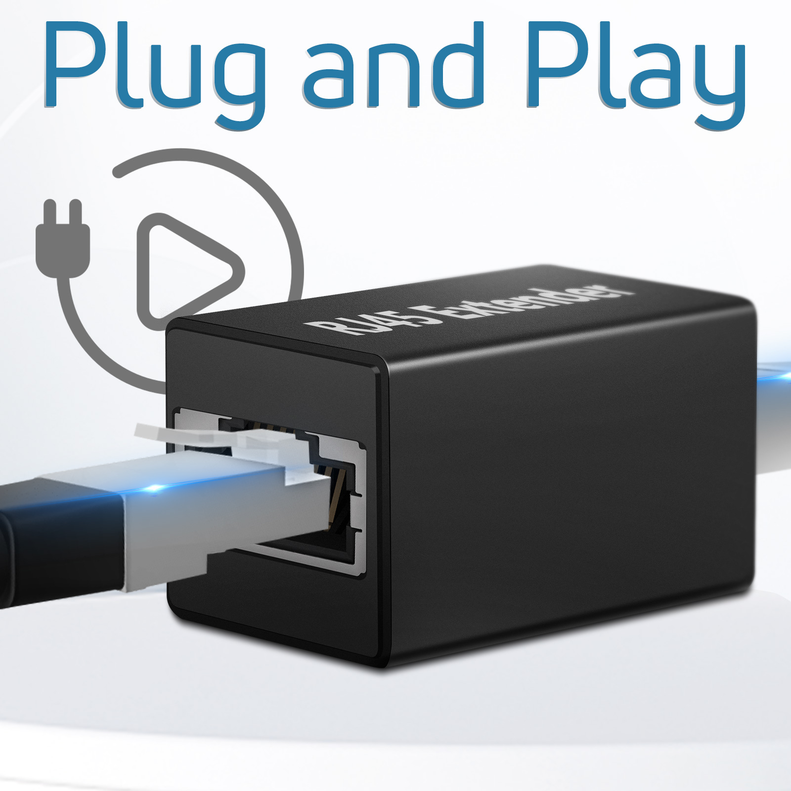 Schwarzer RJ45-Extender, der in ein weißes Kabel eingesteckt ist, mit einem Plug-and-Play-Symbol.