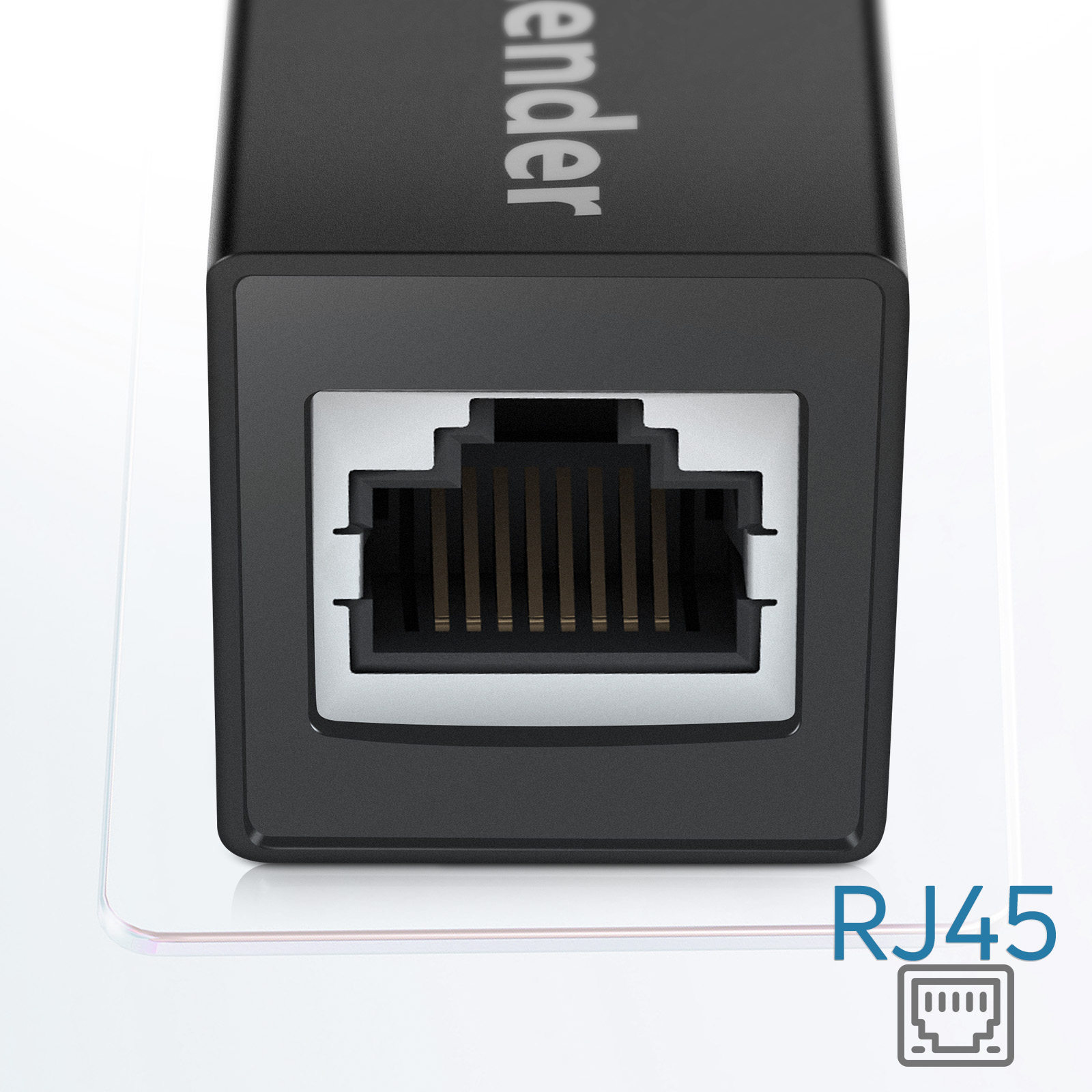 Schwarzer RJ45-Anschluss mit silbernem Rand. Das Wort "ender" steht oben.
