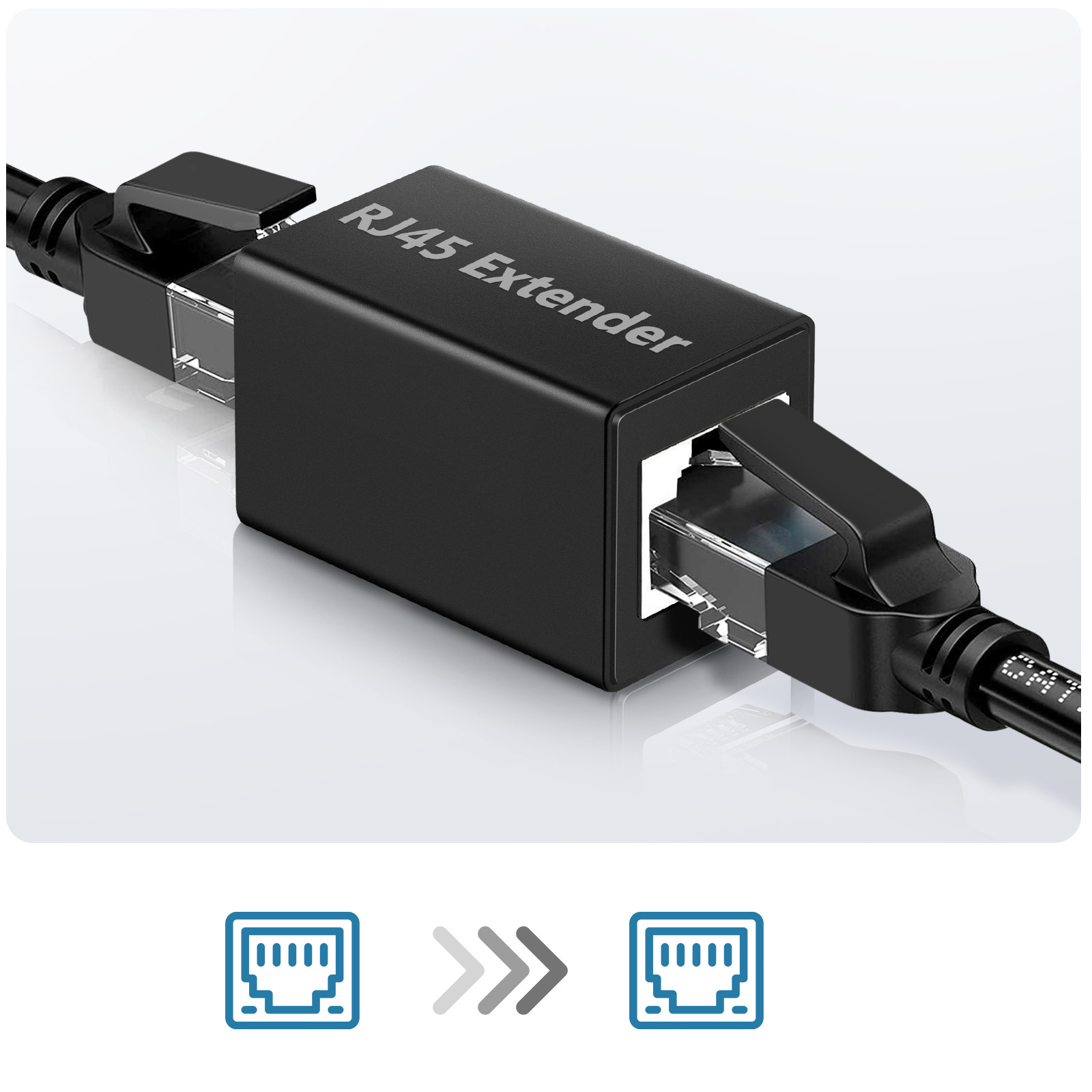 Schwarzes RJ45-Verlängerungskabel. Zwei RJ45-Stecker an einem Mittelblock, weißer Hintergrund.