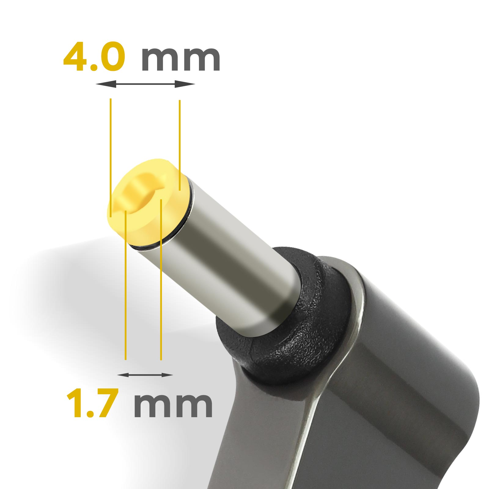 Primo piano della punta dell'adattatore di alimentazione, con misure di 4,0 mm e 1,7 mm.