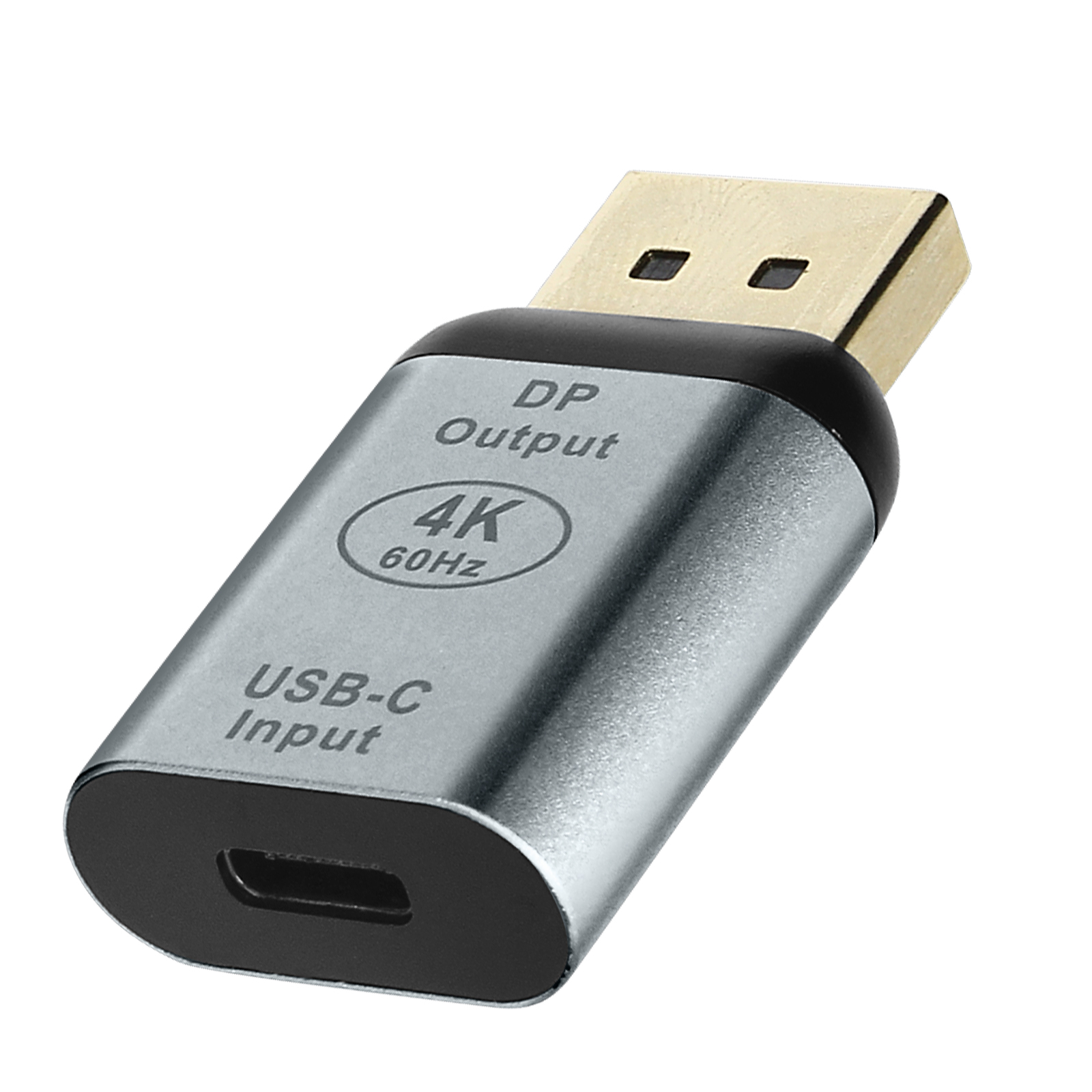 Adattatore USB-C a DP argento e nero, con etichetta DP Output e USB-C Input.