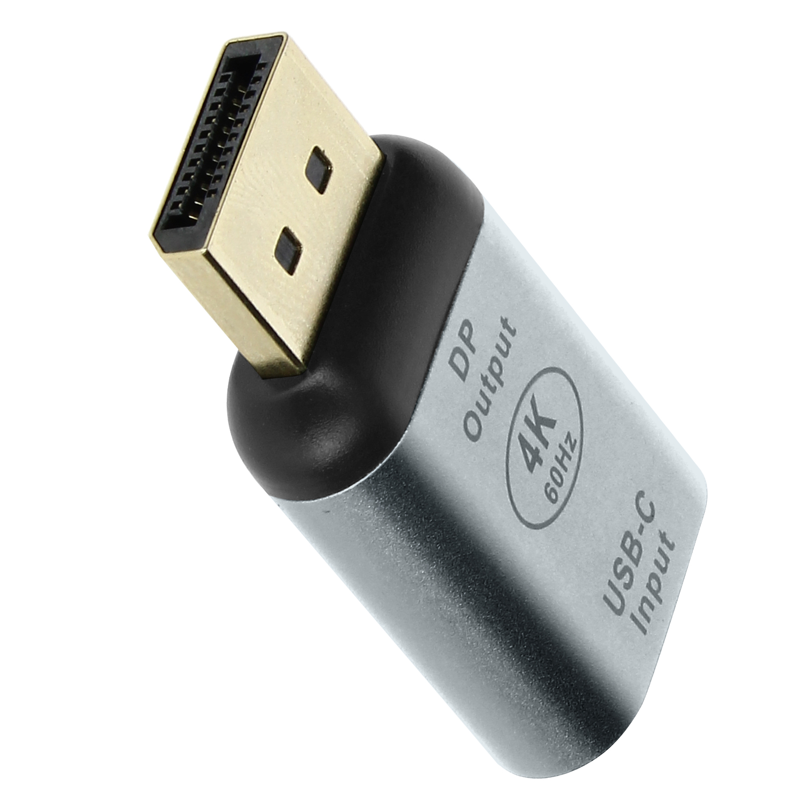 Adattatore USB-C a DP argento con connettore DP dorato. C'è il testo 4K 60Hz.