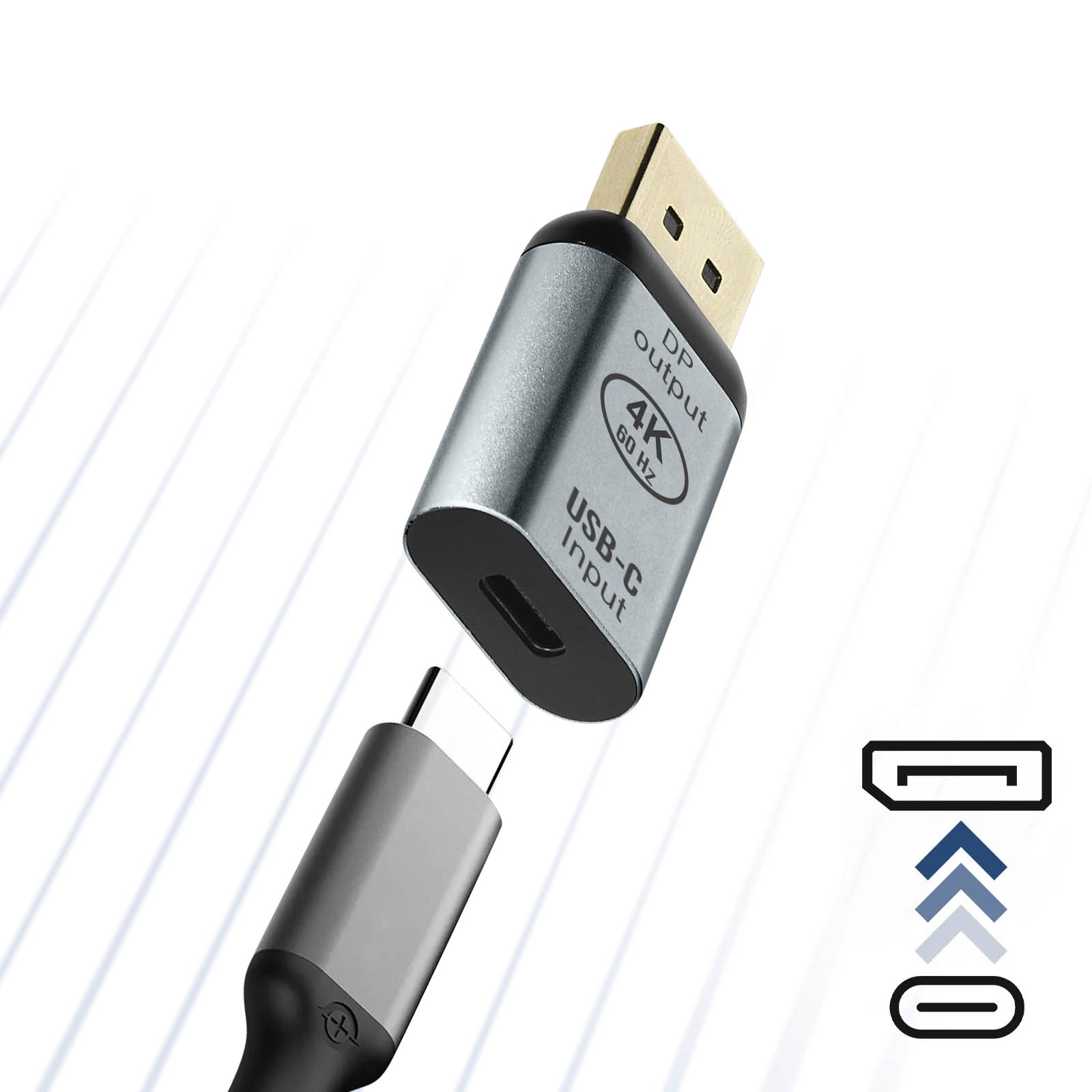 Adattatore USB-C argento e oro. Testo: Uscita DP 4K 60 Hz, Ingresso USB-C. Collegato con cavo.