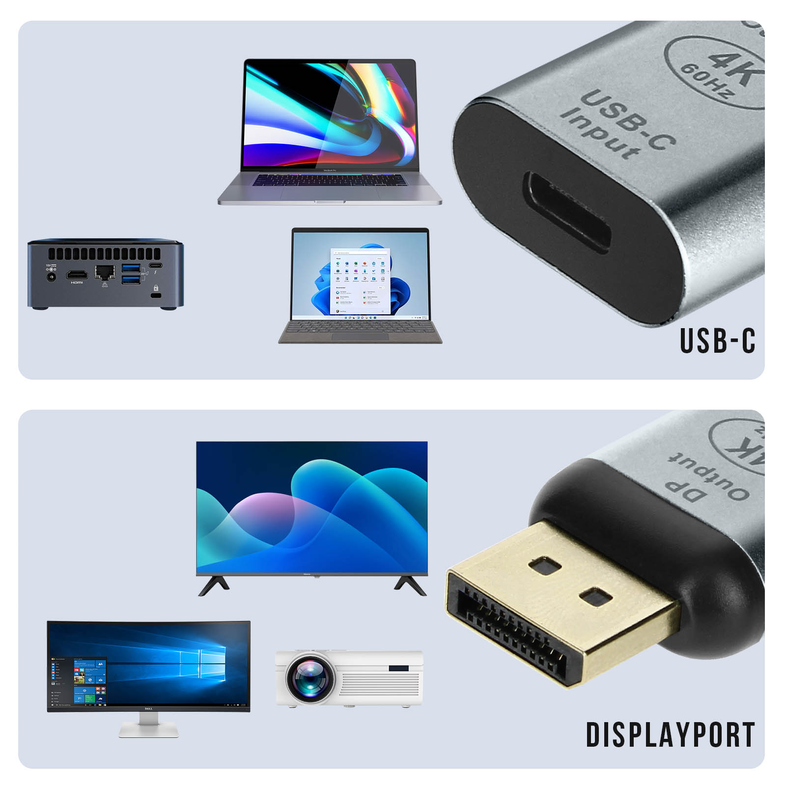 Adattatori USB-C e DisplayPort con laptop, monitor, proiettore e display.