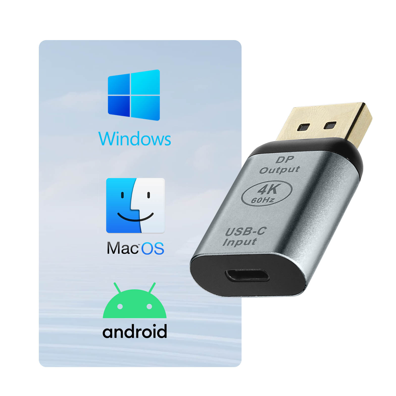 Adattatore USB-C a DP con loghi Windows, Mac OS e Android.
