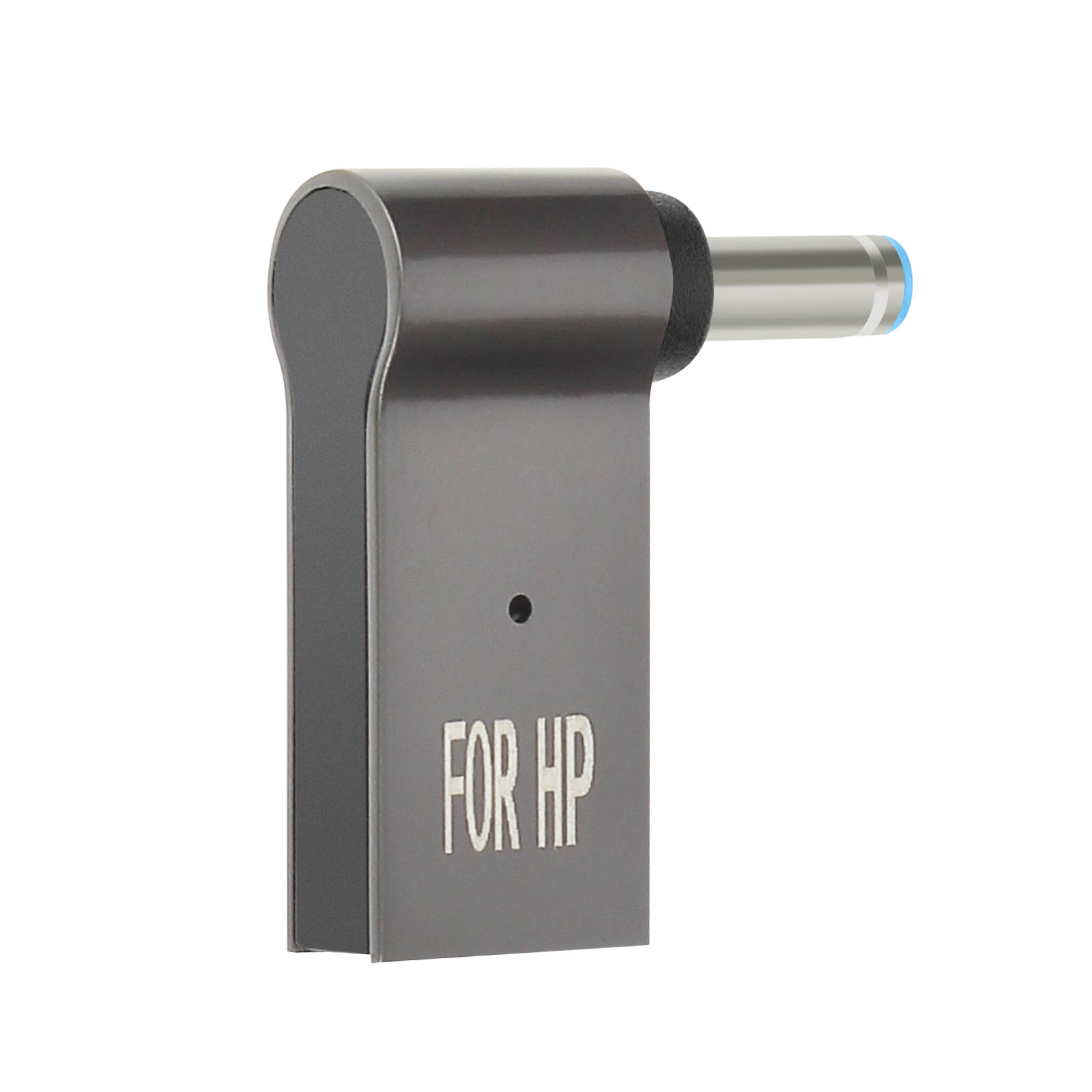 Adattatore grigio scuro con testo 'FOR HP' e pin argentato, forma angolata, isolato su sfondo bianco.